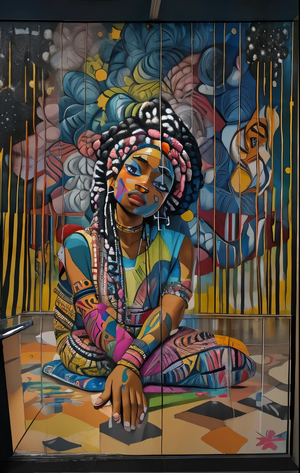 painting of a black woman with big afro braided hair with a beautiful turban in the form of paintings of drops and stars sitting on the floor graffiti art in the vision of eduardo kobra and ROMERO Brito and the twins and kishi Nishimura in ultra realistic and dynamic in 532k.