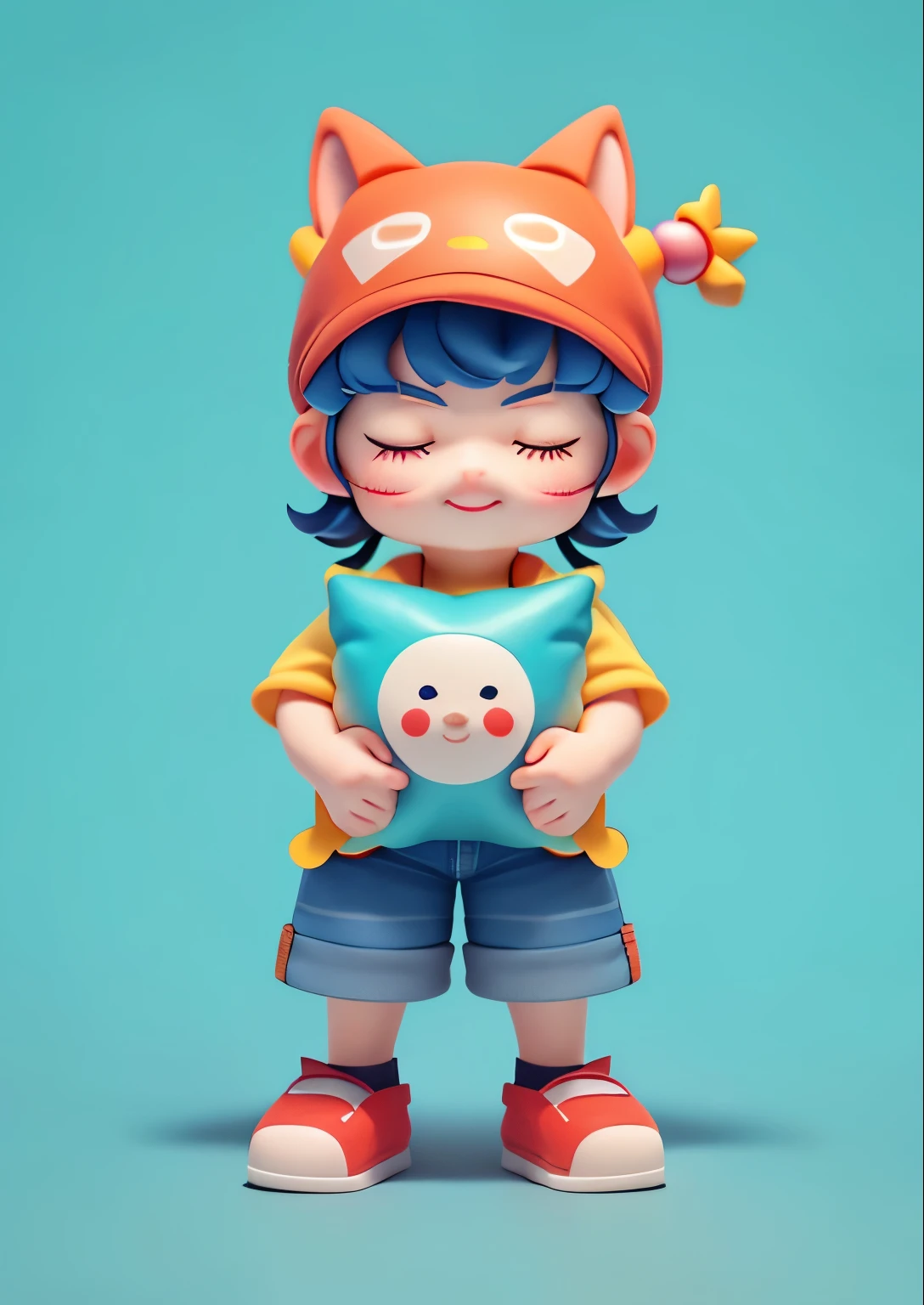 Blind box toy style，a cute little boy，cute face，eyes closed，wearing a hat，hugging pillow，Jeans shorts，flat shoes，C4D style，8k，simple background