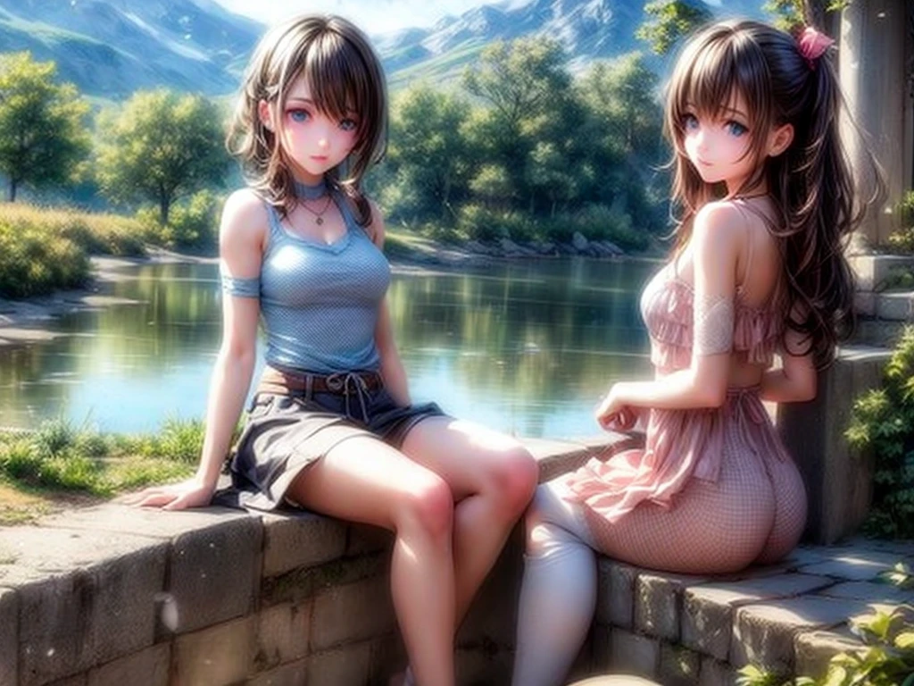 (best quality, 4k, highres, ultra-detailed, realistic:1.37), vivid colors, beautiful girl sitting by the edge of a pond at sunset, melancholic expression, golden hour lighting, reflecting water surface, serene atmosphere, tranquil natural surroundings, gentle breeze, pink and orange hues, distant silhouettes, soft ripples on the water, subtle reflections of the sky, peaceful moment, poetic ambiance, wistful emotions.