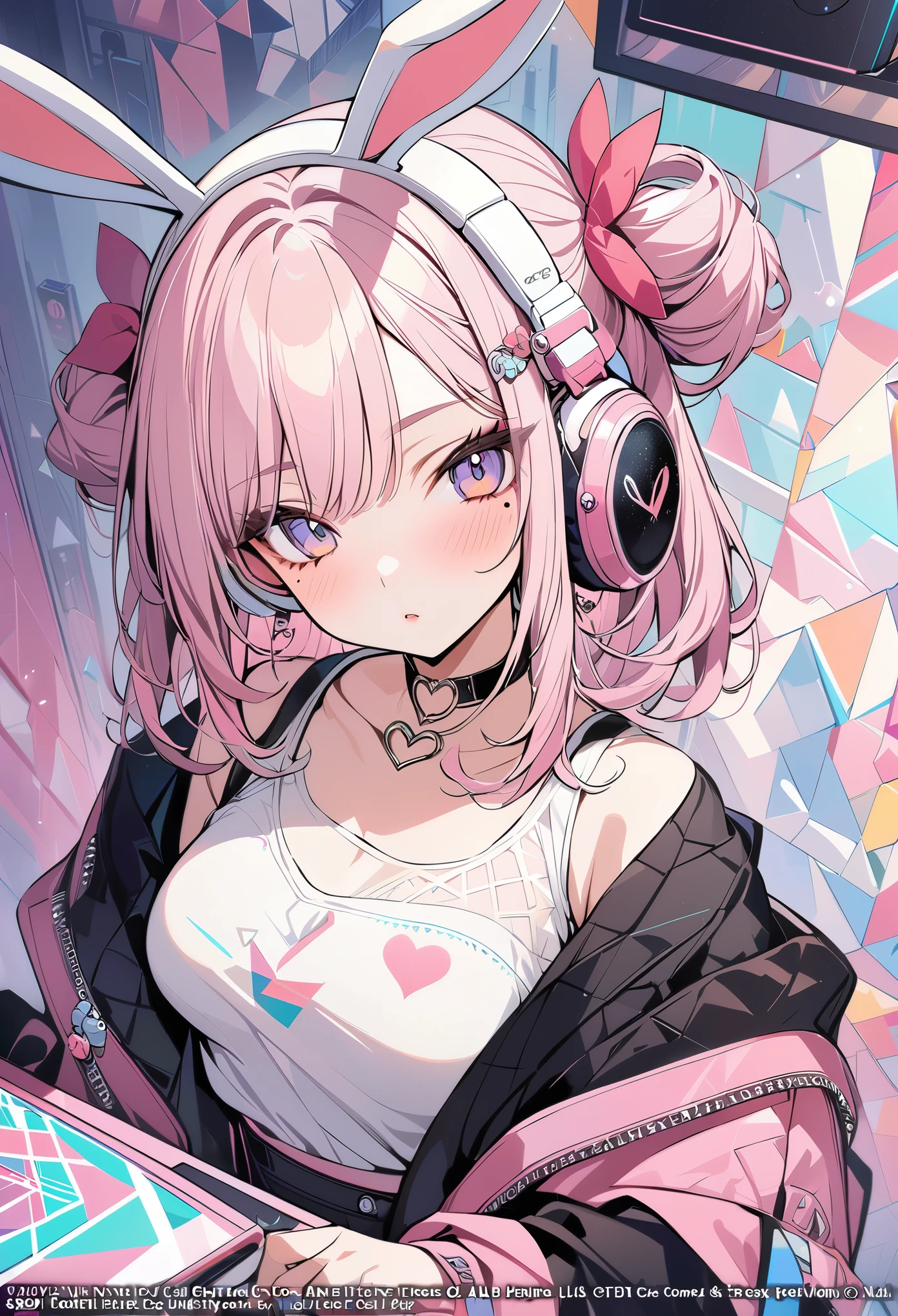 ,beautiful flower々),mole under eye, heart shaped choker, (masterpiece, highest quality), official art, beautiful and aesthetic: 1.2), (1 girl), very detailed, (geometry art: 1.3), colorful,headphones,DJ、Pink bob hair、rabbit ears