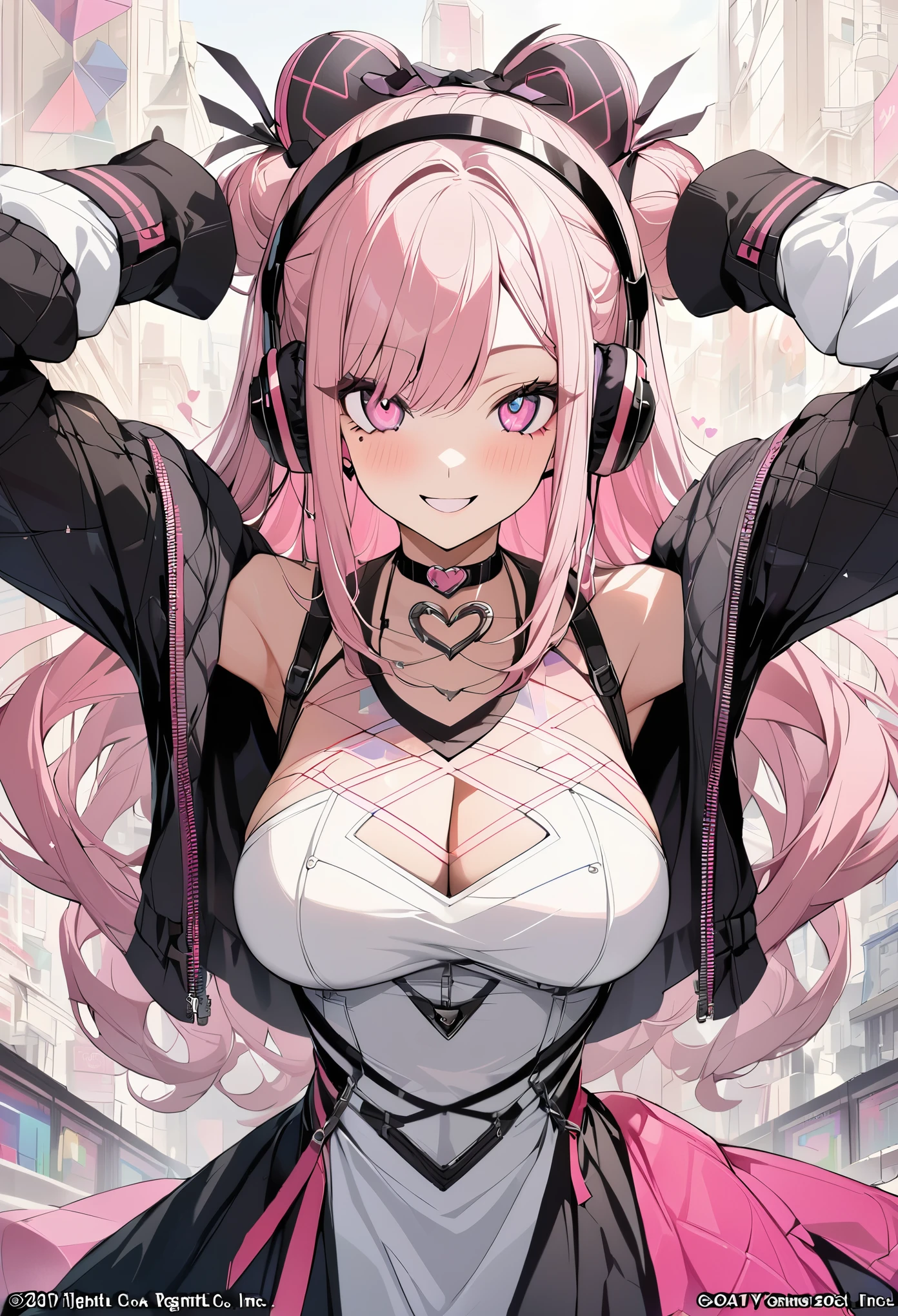 1 girl, pink long bun hair, heart shaped eyes, ♡, headphones,DJ, {girl with pink long bun hair named Nami}, (Pink eye color), {downtown}, (smile), bright background , mole under eye, heart shaped choker, (masterpiece, highest quality), very detailed, highest quality, official art, beautiful and aesthetic: 1.2), (1 girl), very detailed, (geometry art: 1.3), colorful, most detailed ?d1 girl, pink long bun hair, Eye of the symbol, +__+, big breasts, gothic costume, {A girl with long pink bun hair named Nami}, (Pink eye color), {downtown}, (smile), bright background, (garden,beautiful flower々),mole under eye, heart shaped choker, (masterpiece, highest quality), official art, beautiful and aesthetic: 1.2), (1 girl), very detailed, (geometry art: 1.3), colorful