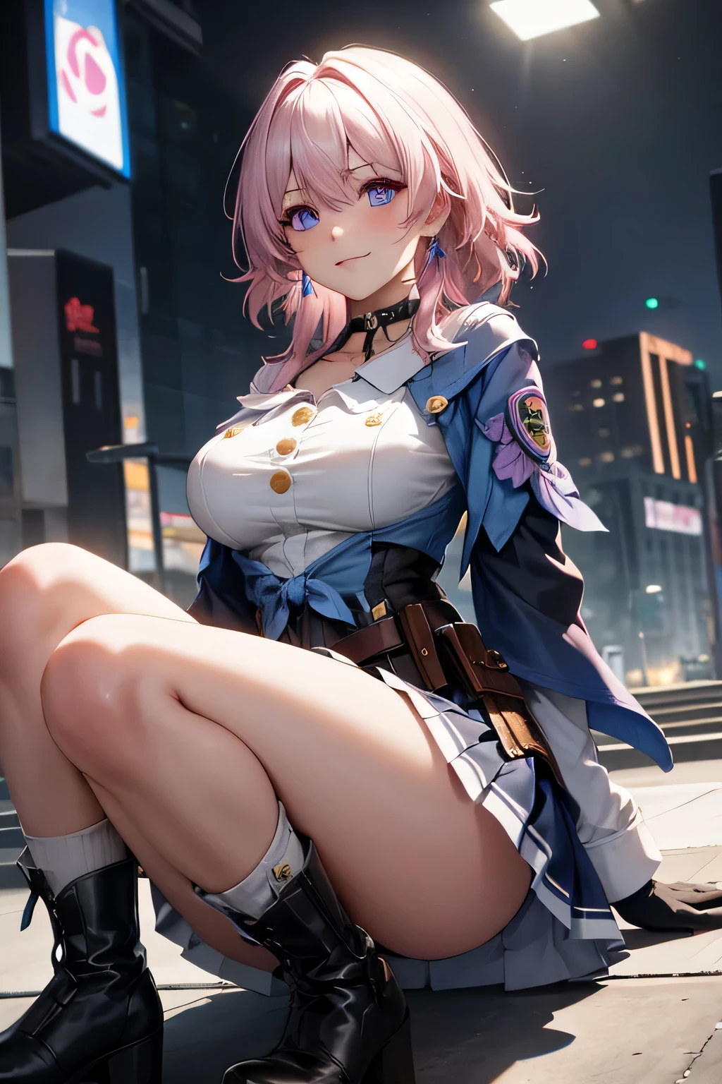 (masterpiece), best quality, expressive eyes, perfect face, 1 girl, solo, march seventh, blue eyes, hair between eyes, medium hair, pink eyes, pink hair, two-tone eyes, breasts, big breasts, large breasts, ankle boots, archery shooting glove, badge, legs, bare legs, thick legs, black choker, black corset, black footwear, black gloves, blue jacket, blue skirt, boots, button badge, buttons, choker, collarbone, corset, earrings, flower ornament, gloves, high heel boots, high heels, jacket, jewelry, long sleeves, miniskirt, partially fingerless gloves, pleated skirt, shirt, single earring, single glove, skirt, thigh strap, tied jacket, underbust, white shirt, smiling, city, background, futuristic city, sitting on the ground, knees up, portrait, looking at the viewer