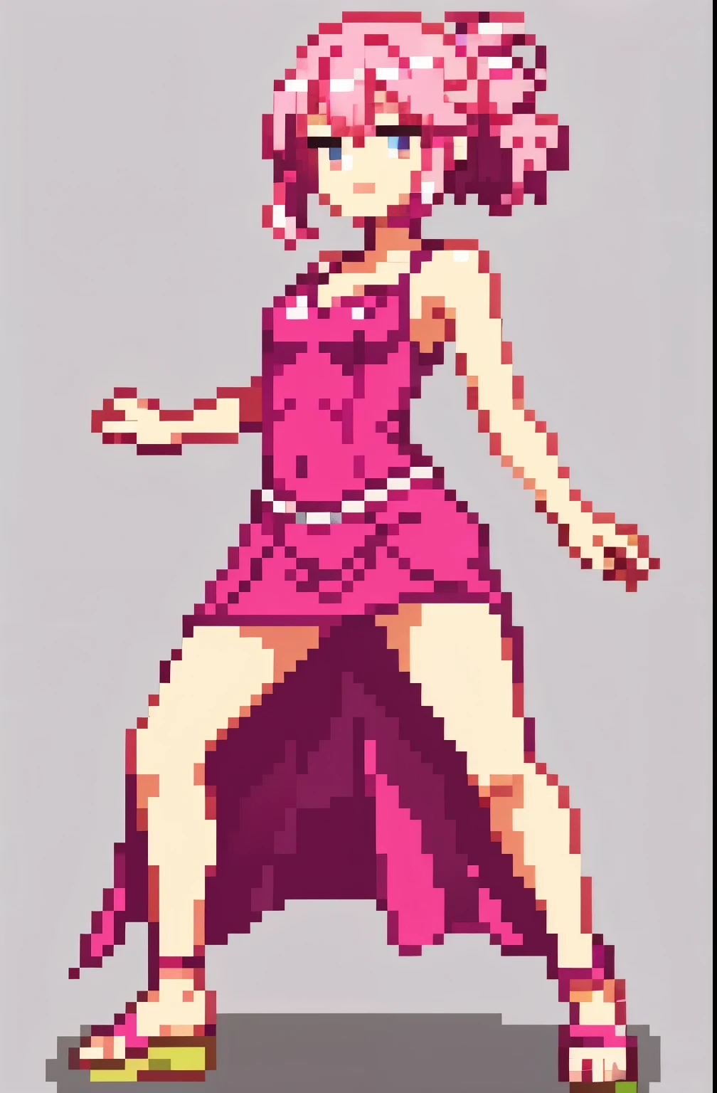 Girl with pink hair long dress white sandals in combat position full body pixel