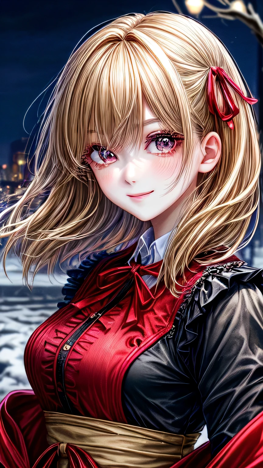 high quality, 最high quality, masterpiece, disorganized, red_Jacket, ribbon, black_eye, blonde_hair, short_hair, hair_ribbon, smile, 1 girl, torn clothes, Cloth, Dense and beautiful black eyes, beautiful detailed lips, Highly detailed eyes and face, long eyelashes, detailed face, masterpiece, 最high quality, high quality, High resolution, (moonlit night background), Click here for eye line、((Portrait))