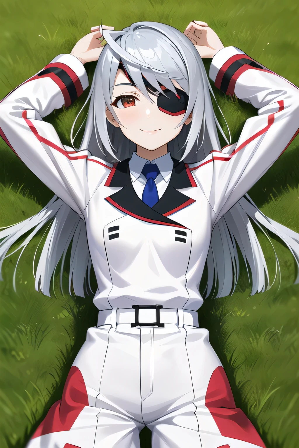 masterpiece, best quality, highres, aalaura, long hair, eyepatch, , necktie, collared shirt, white jacket, belt, white pants, closed mouth, solo, spread arms, arms up, smile, lying, on back, on grass, looking at viewer, solo, in the center, (cowboy shot: 1.3), high quality,