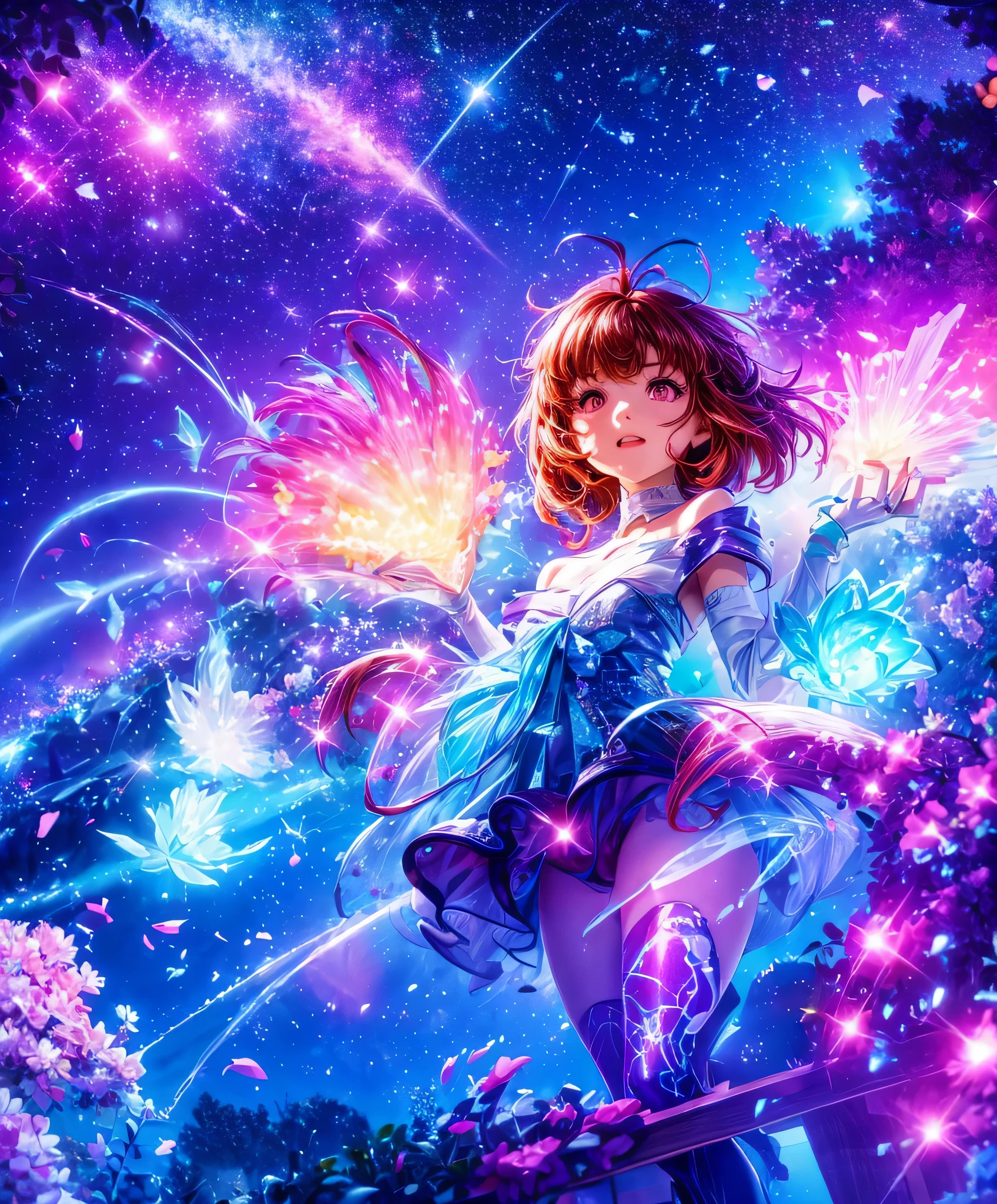 Describe a scene where a cute girl character is lying on a grassy hill, Looking up at the starry sky. Surround her with colorful nebulae and her favorite constellations.