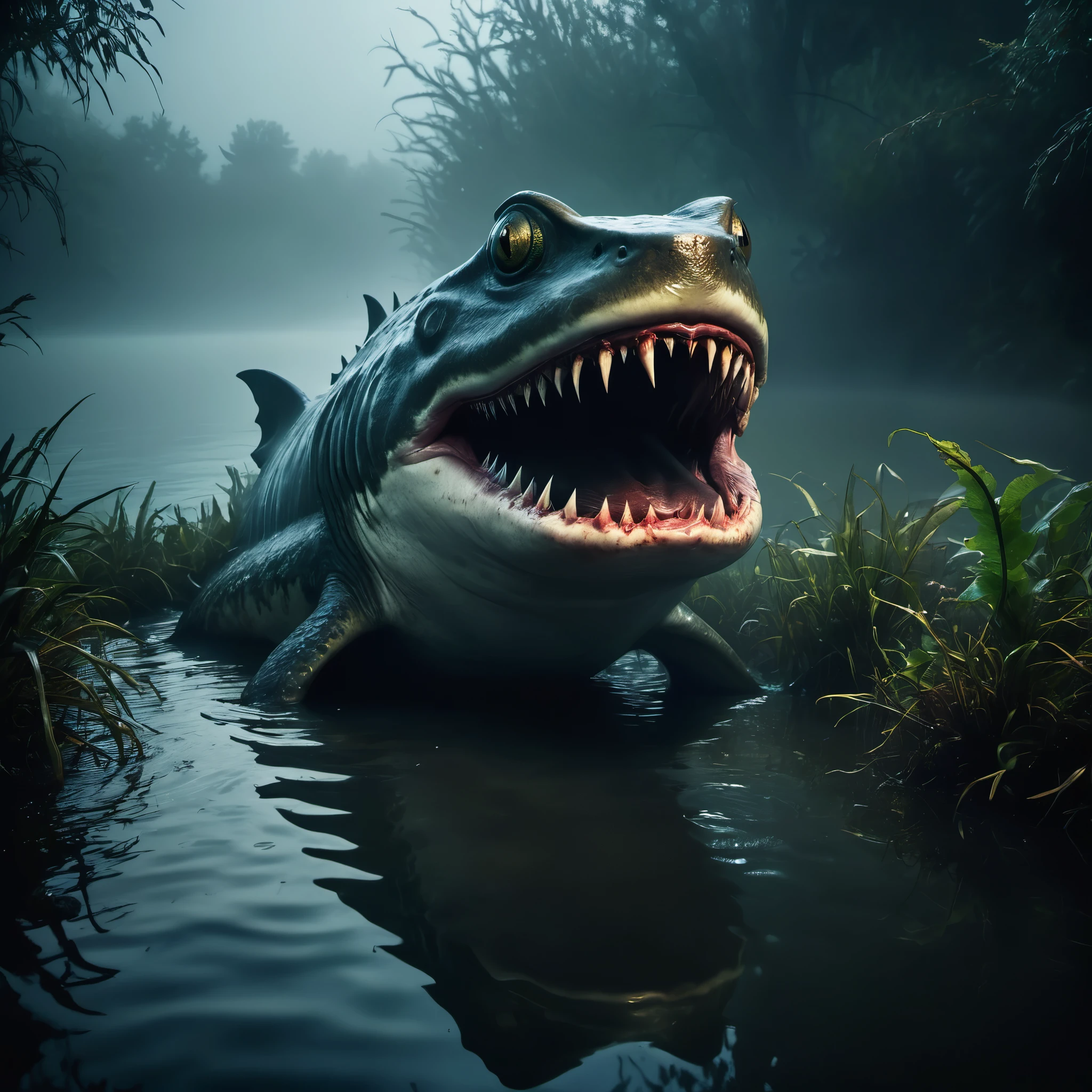 (best quality,4k,highres,masterpiece:1.2),ultra-detailed,realistic photo-realistic:1.37,creepy monsters,stalk,shores,evening pond,hunting rodents,eat,brightly colored,textured,ominous lighting,horror,reflection,shadow,scaly skin,enormous shark fins,frog-like features,sharp teeth,piercing eyes,intense facial expressions,overgrown vegetation,rippling water surface,misty fog,murky atmosphere,ominous presence,ominous atmosphere,unsettling silence,motion blur,claustrophobic,unsettling ambiance,menacing vibes,horrifying creatures,predatory instincts,haunting presence,nighttime scene,unearthly creatures,unnatural proportions,dark energy,spooky ambiance,macabre setting,otherworldly beings