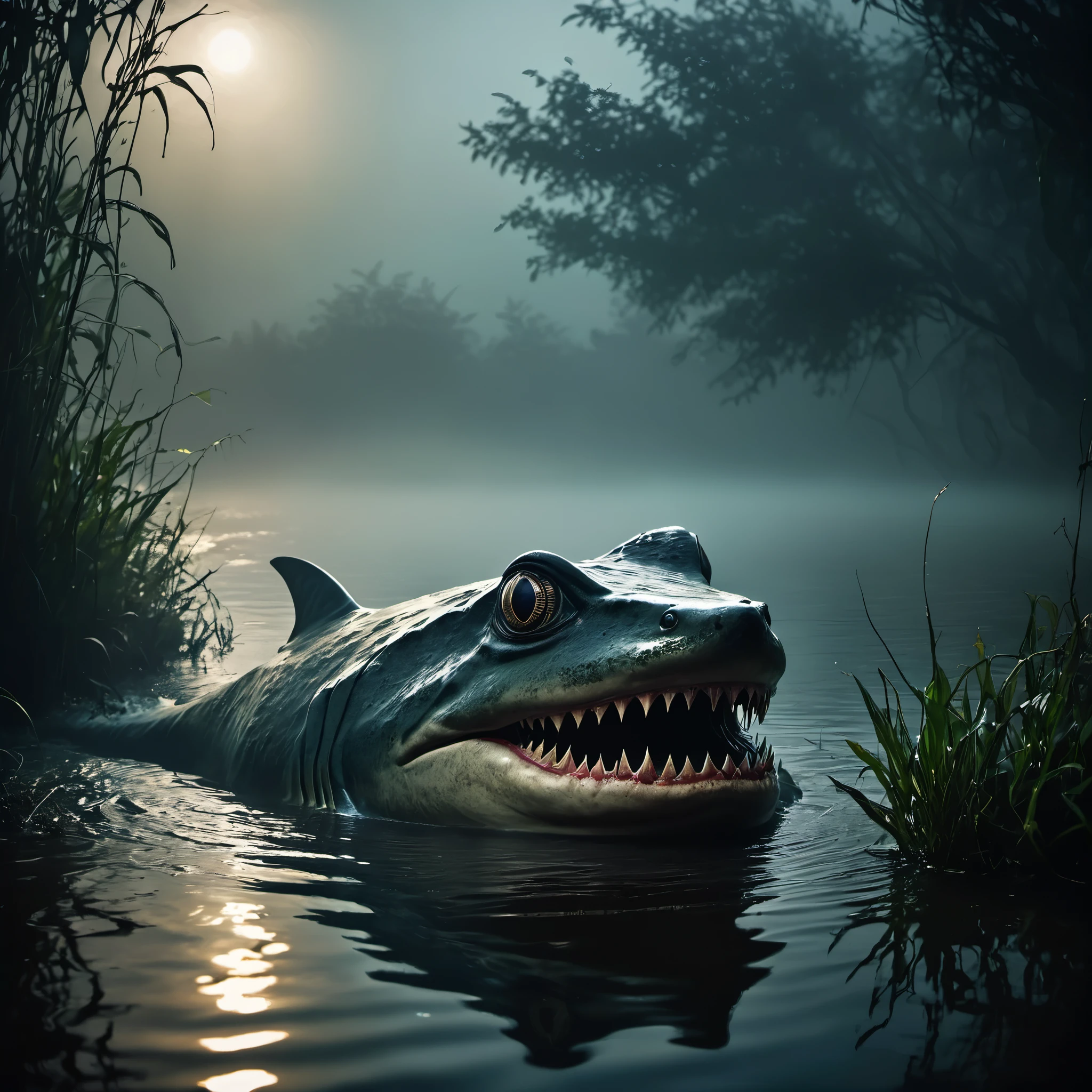 (best quality,4k,highres,masterpiece:1.2),ultra-detailed,realistic photo-realistic:1.37,creepy monsters,stalk,shores,evening pond,hunting rodents,eat,brightly colored,textured,ominous lighting,horror,reflection,shadow,scaly skin,enormous shark fins,frog-like features,sharp teeth,piercing eyes,intense facial expressions,overgrown vegetation,rippling water surface,misty fog,murky atmosphere,ominous presence,ominous atmosphere,unsettling silence,motion blur,claustrophobic,unsettling ambiance,menacing vibes,horrifying creatures,predatory instincts,haunting presence,nighttime scene,unearthly creatures,unnatural proportions,dark energy,spooky ambiance,macabre setting,otherworldly beings