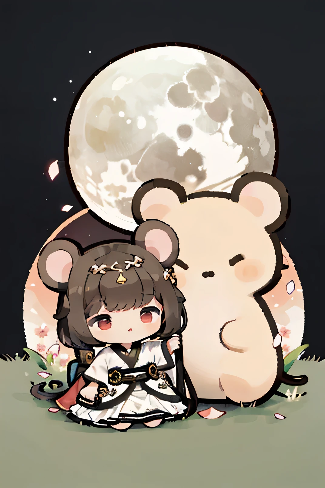 （Q version three-headed body），whole body，sit and stand，sideways，simple clothes，（masterpiece，best quality：1.2），Chinese traditional clothing，Enlightenment，absurDeres，high resolution，The is very DetaileD，1 girl，short brown hair，Mouse ears，reD eyes，eyes highlights，hanfu，shift Dresses，puffy short sleeves，frillD，Exterior，flowering，fluttering petals，The upper part of the boDy，（moon：1.2），night，Depth of fielDs，（:D：0.8），