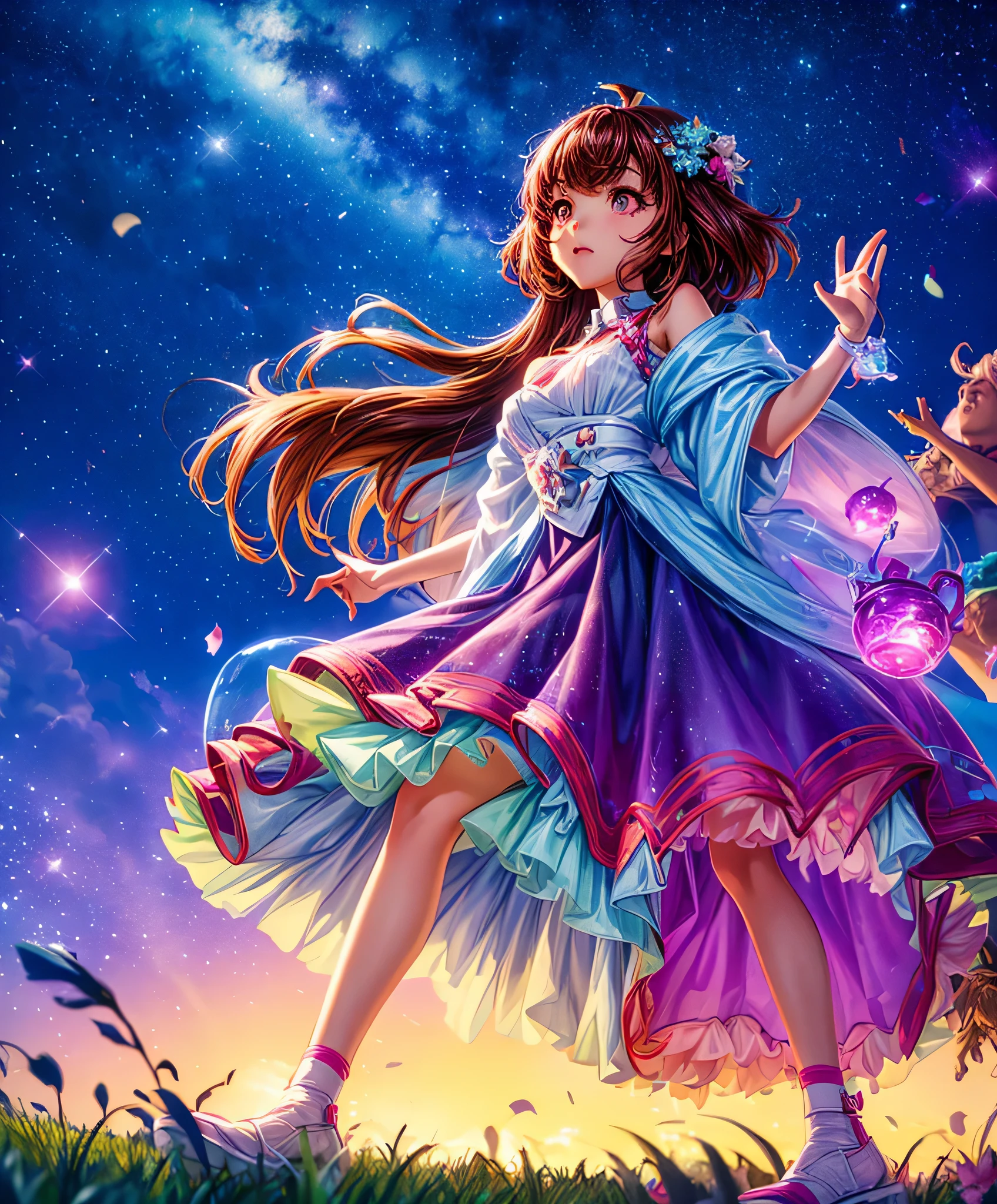 Describe a scene where a cute girl character is lying on a grassy hill, Looking up at the starry sky. Surround her with colorful nebulae and her favorite constellations.