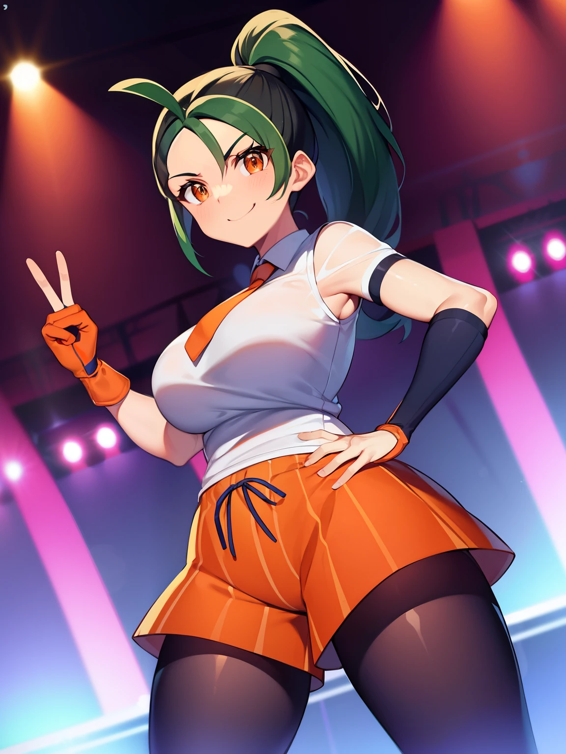 Pokémon、Nemo、big tits milf、big tits milf、big milf、solo、Nemona、long hair、orange eyes、ponytail、look at viewer、black pantyhose、gloves、orange tie、orange shorts、short sleeve、、stage、Stage Lights、Spotlight、peace sign、dutch angle、smile