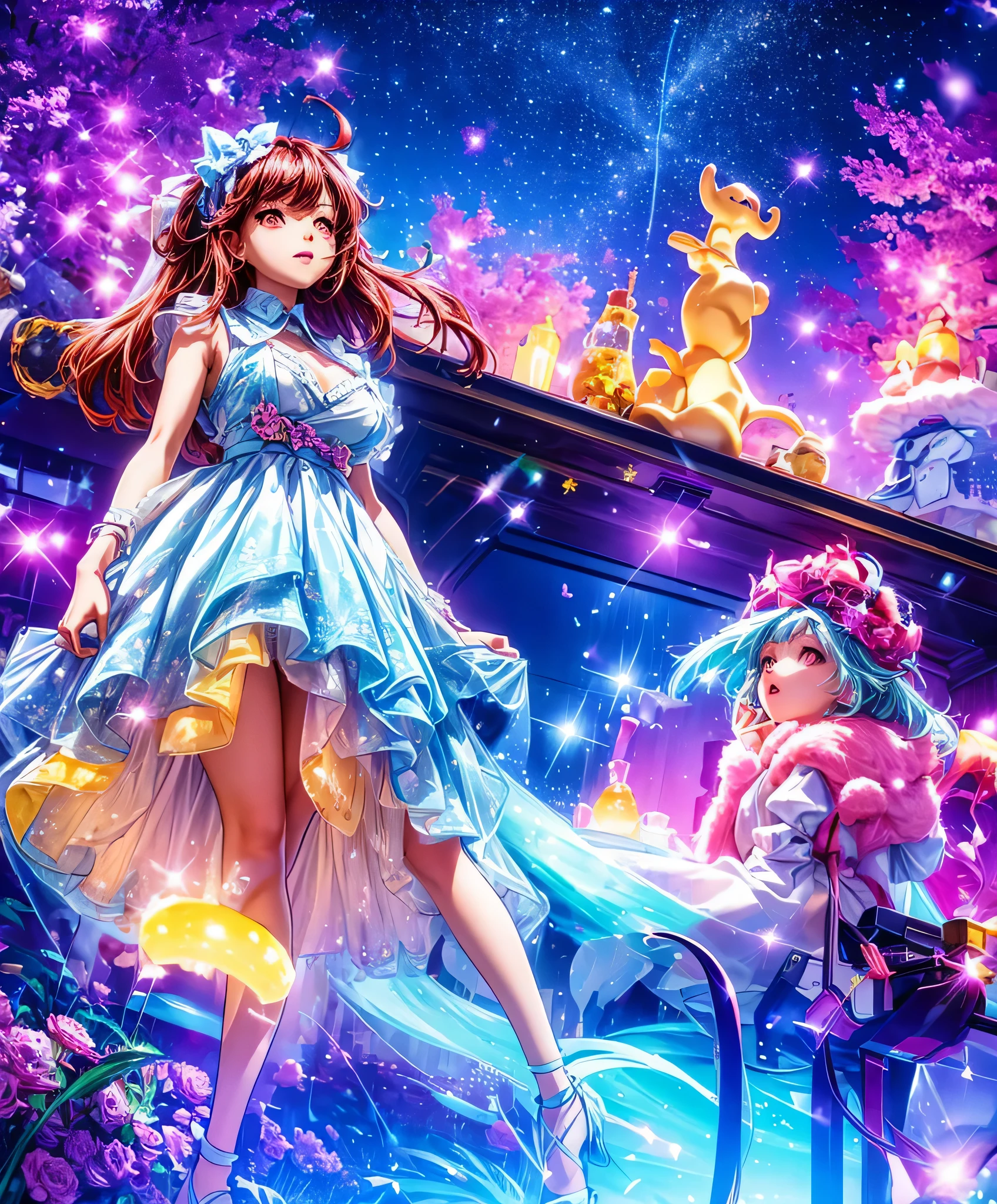 Describe a scene where a cute girl character is lying on a grassy hill, Looking up at the starry sky. Surround her with colorful nebulae and her favorite constellations.