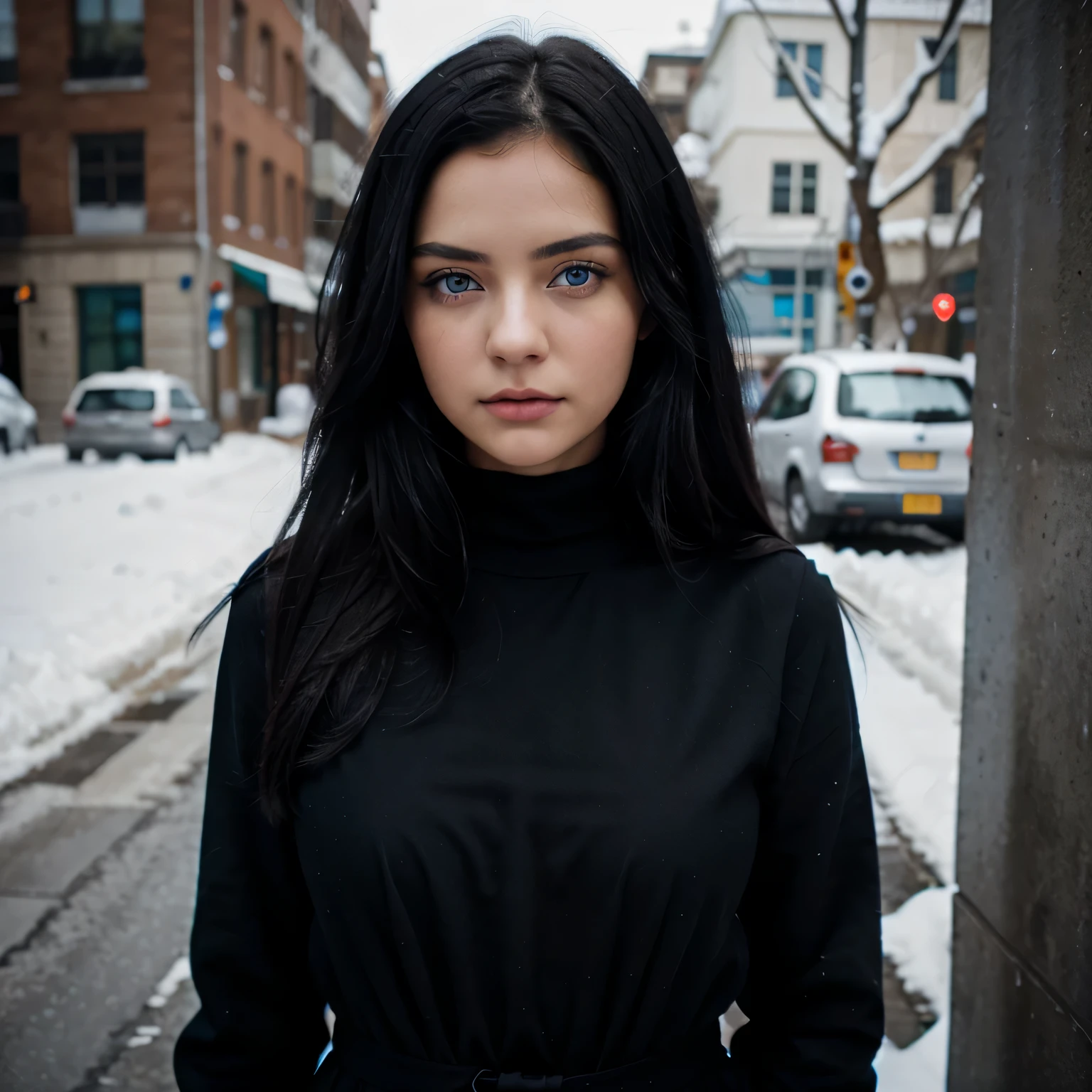 Black hair girl with blue eyes, cold look, in black dress