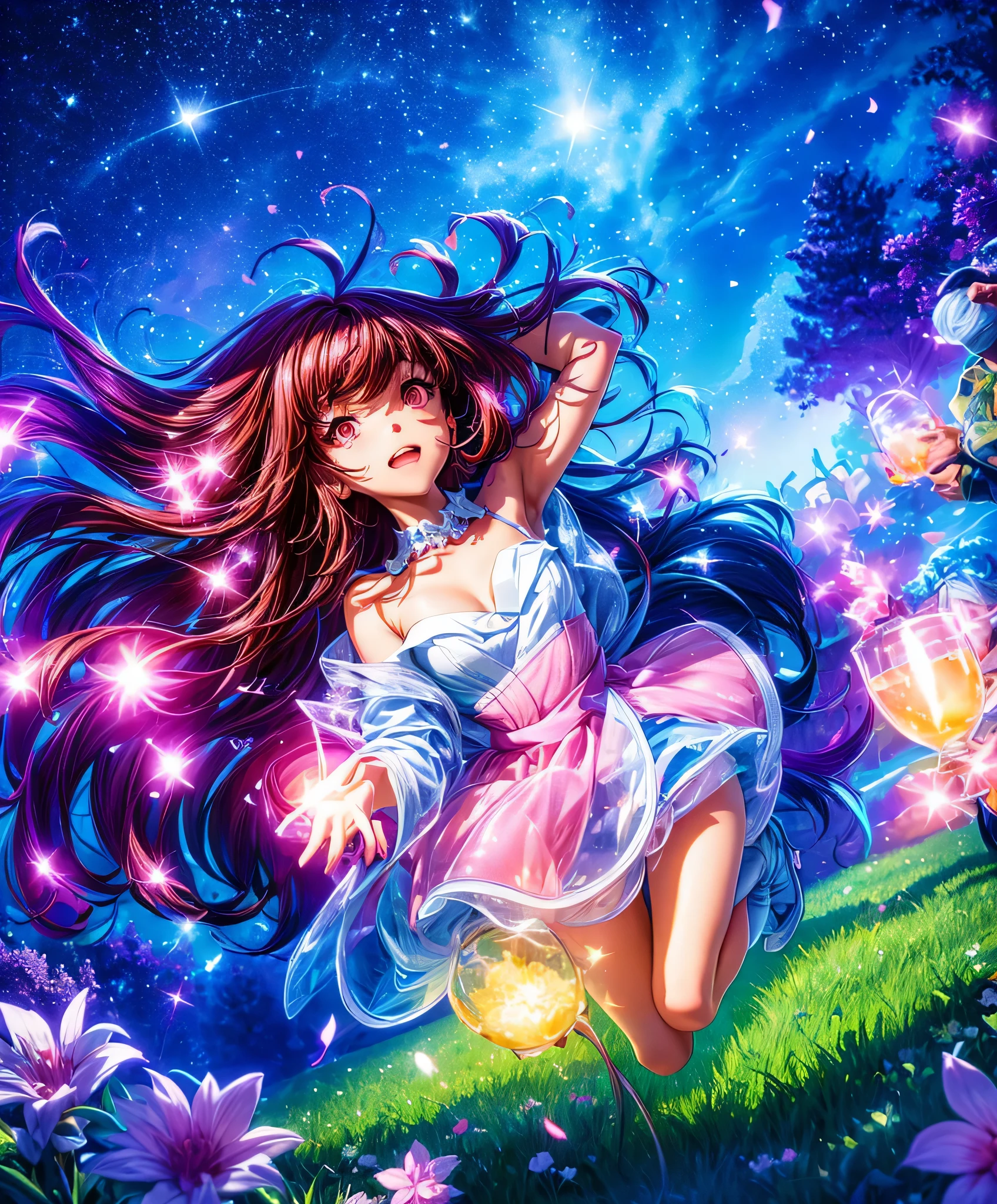 Describe a scene where a cute girl character is lying on a grassy hill, Looking up at the starry sky. Surround her with colorful nebulae and her favorite constellations.