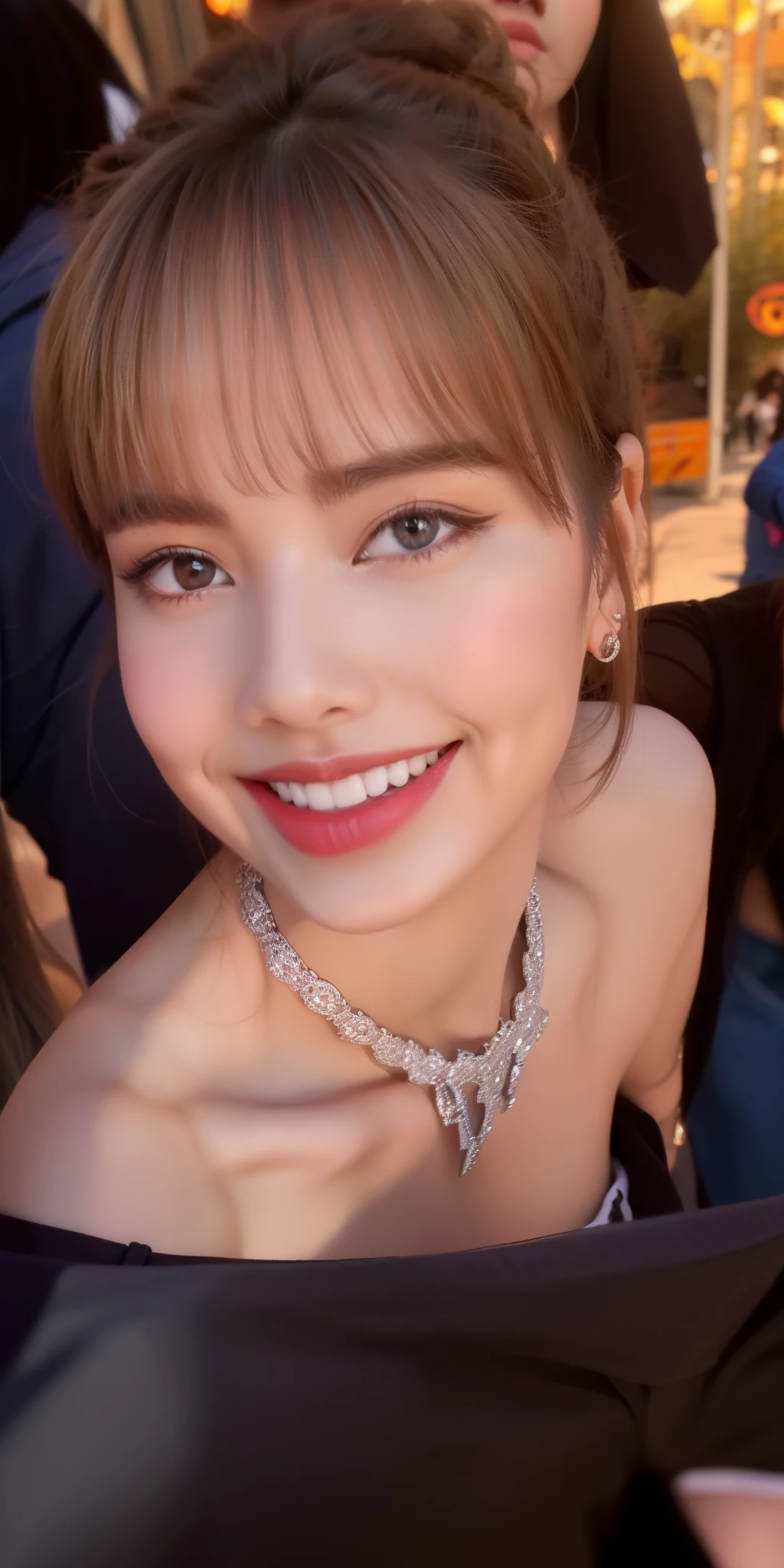 (8K, 4k, best quality, high resolution, ultra high resolution:1.1), (chef-d'artwork, Realistic, Photo-Realistic:1.1), 1fille, affronter, fermer, Twintails, cheveux blond, yeux noirs, Red lips, (Regarder dans le public: 2), Porter des bretelles tendance pour les filles, taille ouverte, pantalons chauds, longues jambes, cheveux ridiculement longs, long cils, eye shadow, Petit visage, gros yeux, bare shoulders, High contrast,