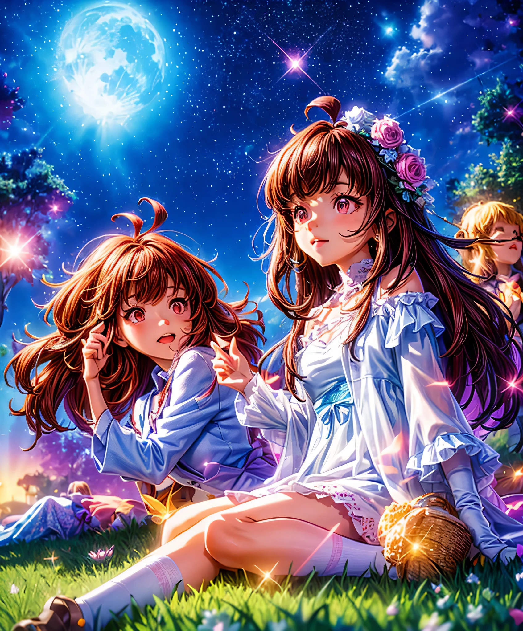 Describe a scene where a cute girl character is lying on a grassy hill, Looking up at the starry sky. Surround her with colorful nebulae and her favorite constellations.