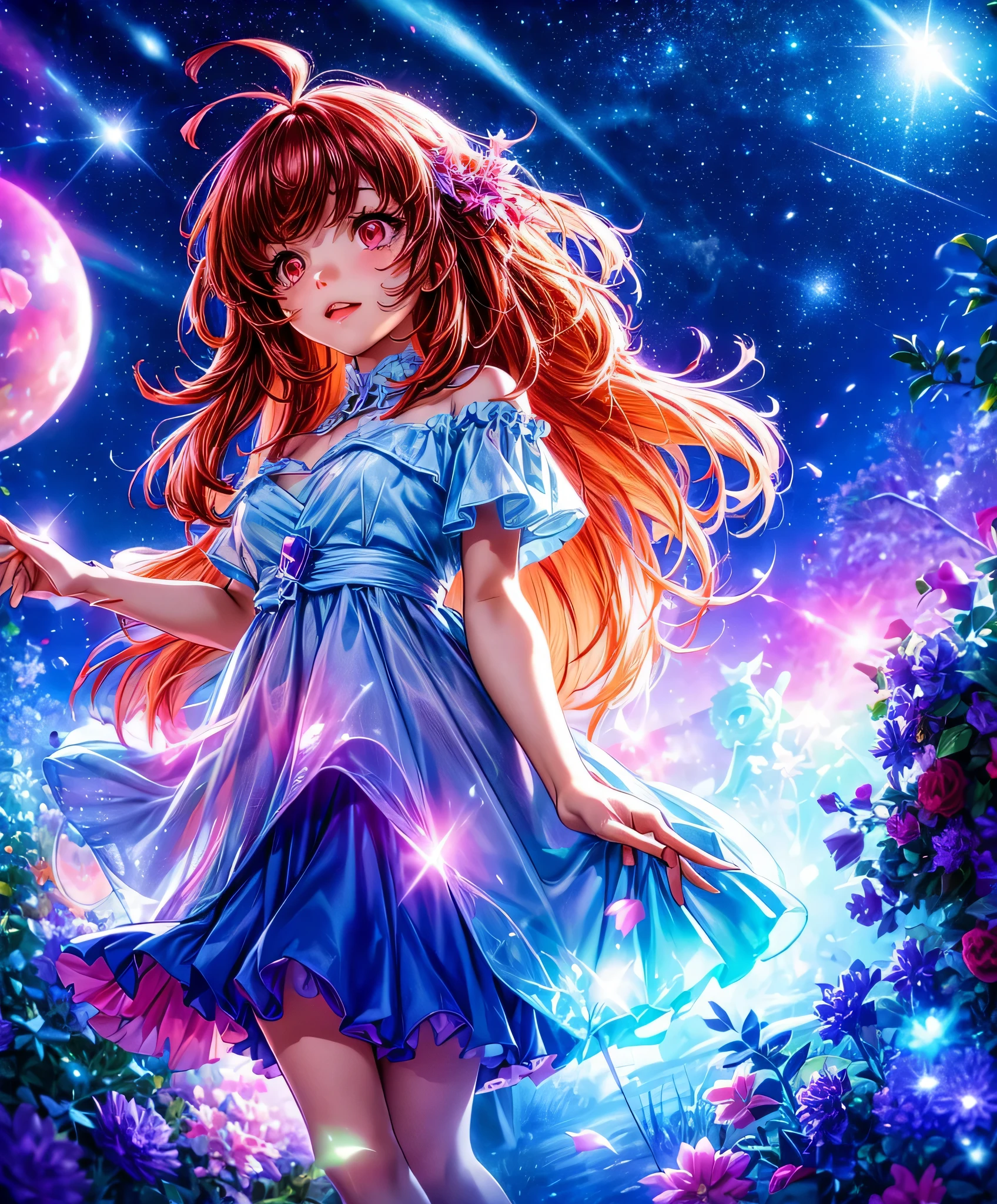 Describe a scene where a cute girl character is lying on a grassy hill, Looking up at the starry sky. Surround her with colorful nebulae and her favorite constellations.
