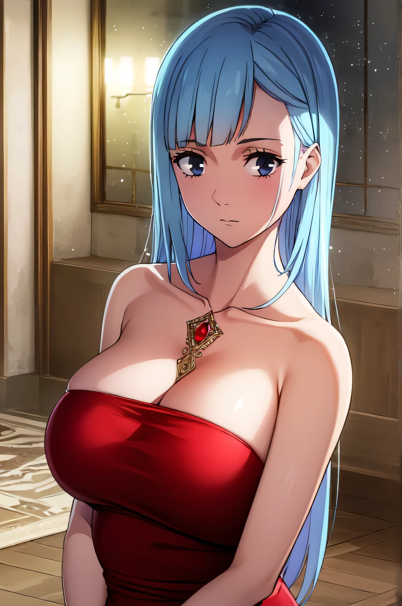 (extremely detailed CG unity 8k wallpaper),(masterpiece),(best quality),(ultra-detailed),(best illustration),(best shadow),(absurdres), tall body, tall, long legs, mature female, mature, adult, eft_jjk_miwa, 1girl, solo, light blue hair, long hair, looking at viewer, blue eyes, upper body, bangs, masterpiece, best quality, high quality, photorealistic, (4k), depth of field, (Masterpiece), (realistic skin texture), extremely detailed, intricate, hyper detailed, professional photography, bokeh, high resolution, sharp detail, best quality, 1girl, beautiful, volumetric lighting, best quality, masterpiece, intricate details, tonemapping, sharp focus, hyper detailed, ballroom, beautiful dress, big breasts, sparkle dress, fancy red dress, red dress, red glitter dress, ballroom event, ballroom dress, sleeveless, hip slit, bare shoulders, sparkly red dress, met gala, ballroom party, fancy party, close shot, full frame, hall, award ceremony event, bright room, night time, stars, city buildings, lights on, upper body shot, looking at viewer