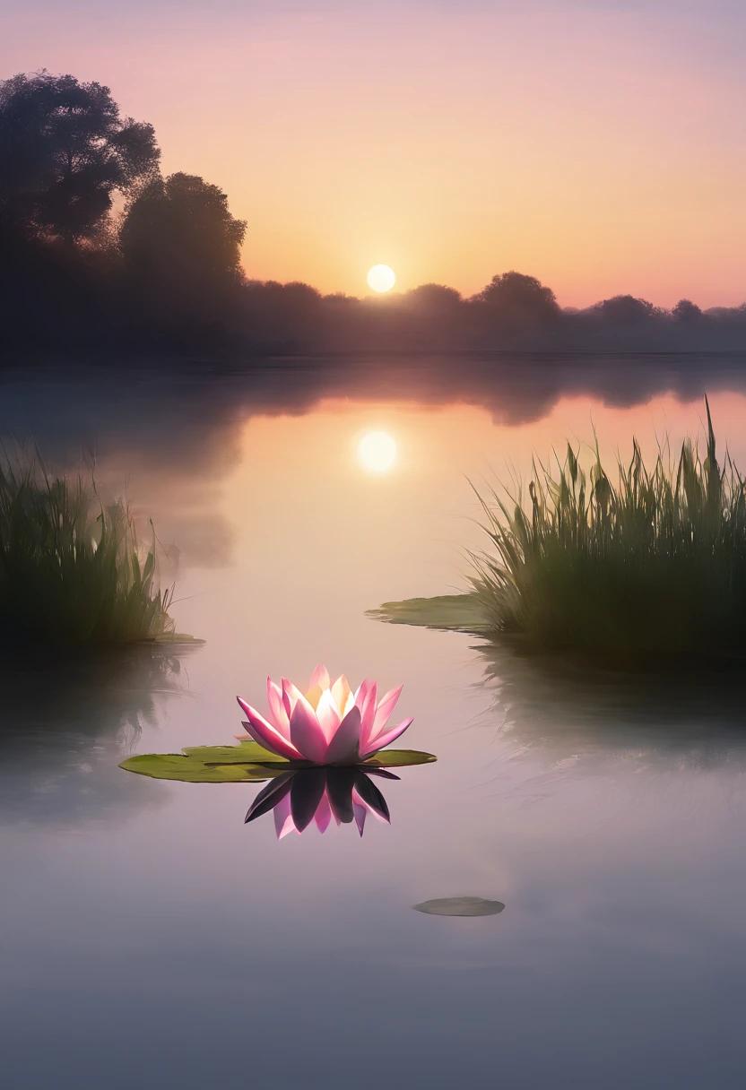 Deep twilight evening pond twilight scene sky gradually darkening,The light in the pond is getting fainter,Create a mysterious atmosphere。
Lotus blooms beautiful flowers on the water in the evening,Create a harmonious scene. Beautiful view of the pond in the evening.,Let people feel the calmness of nature and the mysterious atmosphere of beautiful light and shadow art, Highly detailed digital art in pastel colors,fantasy art behavior,Surreal high-definition pictures