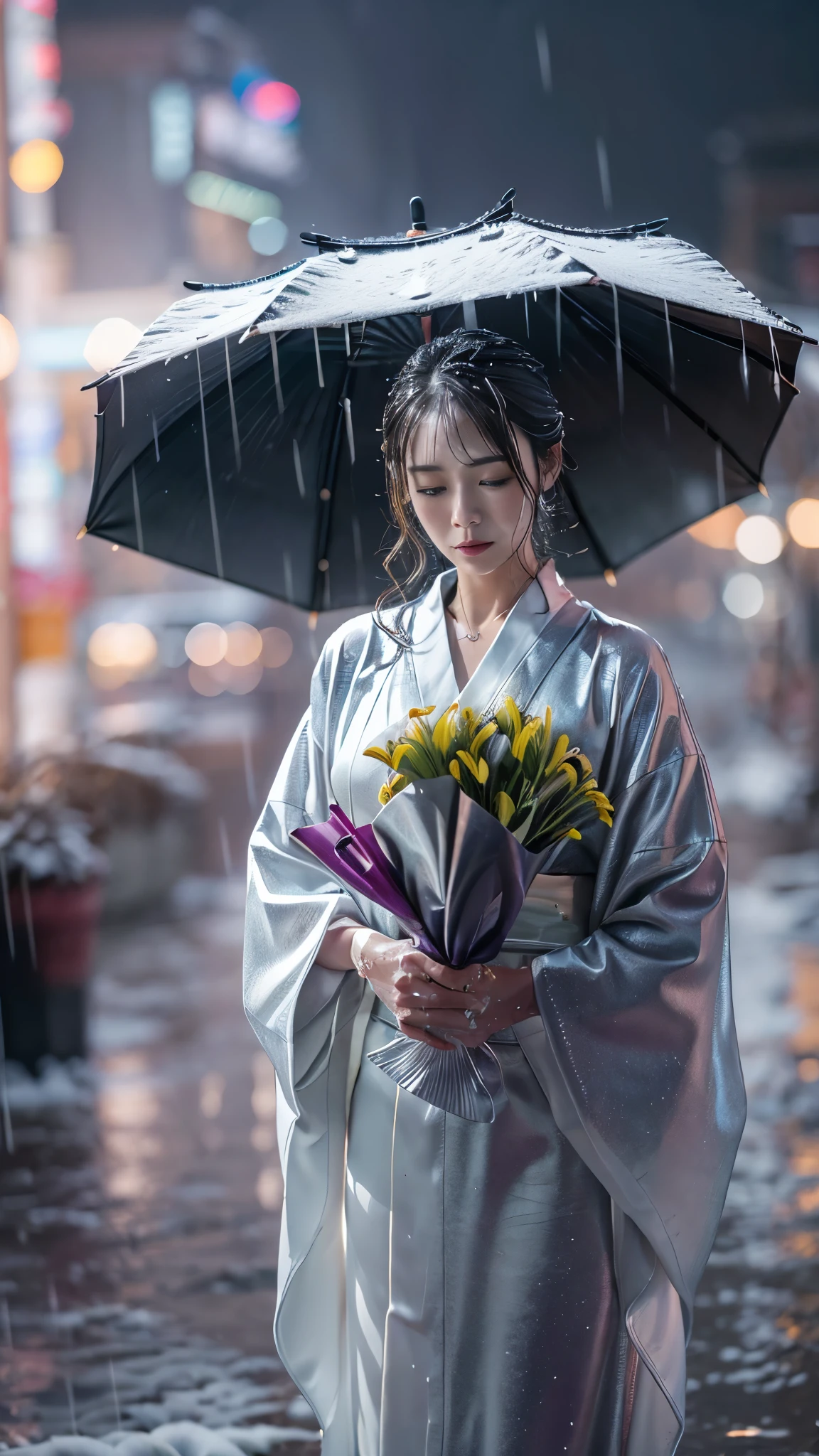 (RAW shooting, Photoreal:1.5, 8K, highest quality, masterpiece, ultra high resolution), (((heavy snow))), perfect dynamic composition:1.2, (In front of a shrine at night in a modern city, expression of sadness:0.9, Tears are flowing:0.9, cry with a broken heart:0.9), Highly detailed skin and facial textures:1.2, Slim office lady wet in the rain:1.3, (Holding a bouquet of wet lilies:1.4, Wearing a wet silver kimono correctly:1.4), cowboy shot, Fair skin:1.2, sexy beauty:1.1, perfect style:1.2, beautiful and aesthetic:1.1, very beautiful face:1.2, water droplets on the skin, (rain drips all over my body:1.2, wet body:1.2, wet hair:1.3), (Medium chest, Bra is sheer, Chest gap),  (Eyes that feel beautiful eros:0.8), (Too erotic:0.9, Bewitching:0.9), necklace, earrings, bracelet, wedding ring