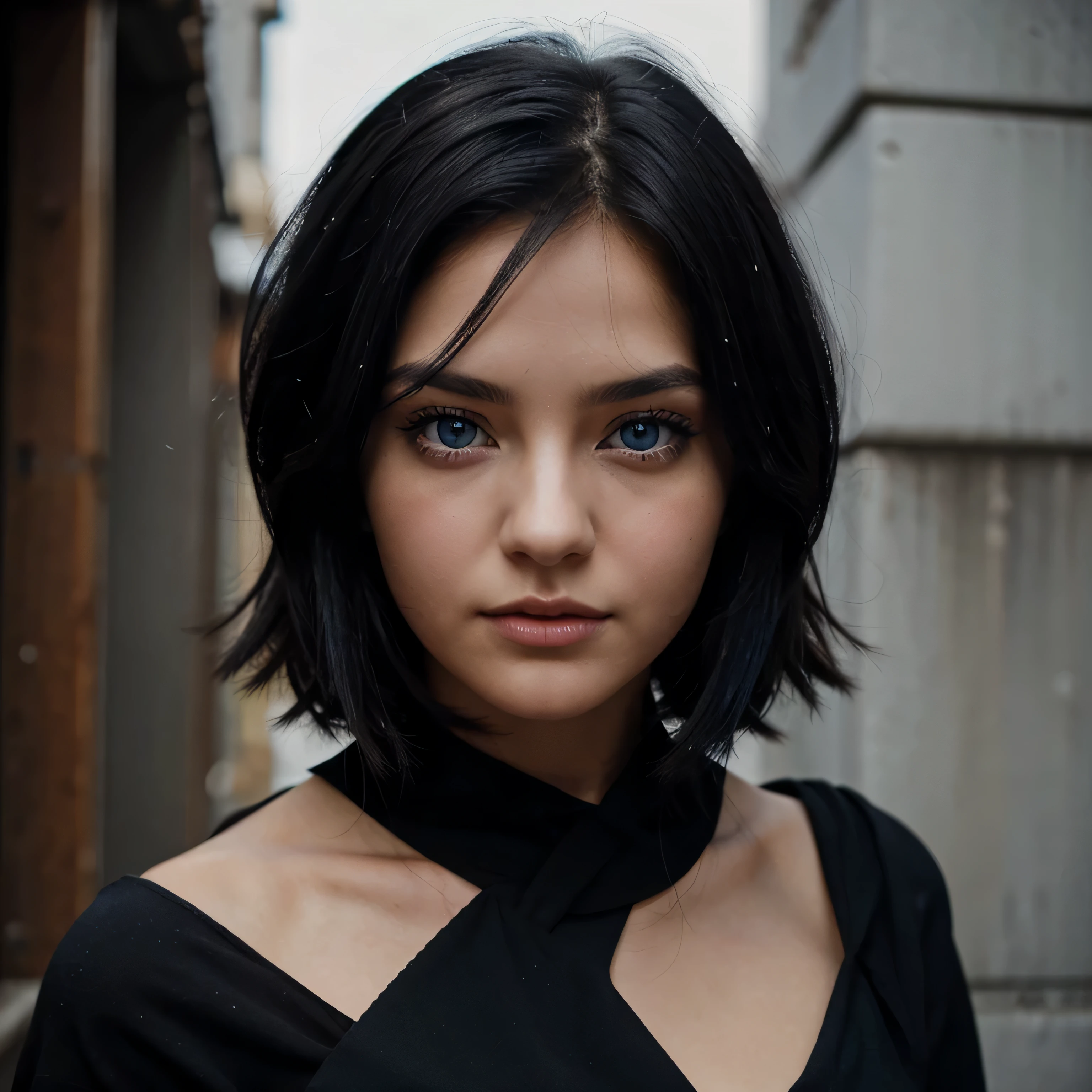 Black hair girl with blue eyes, cold look, in black dress