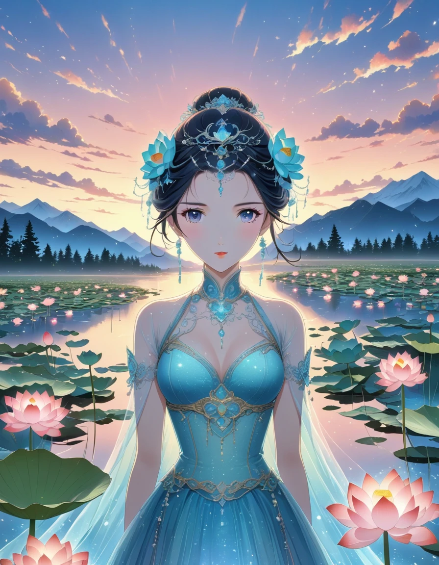 dusk landscape, sunset,pond,anime style, With mountains and clouds as background,lotus,girl