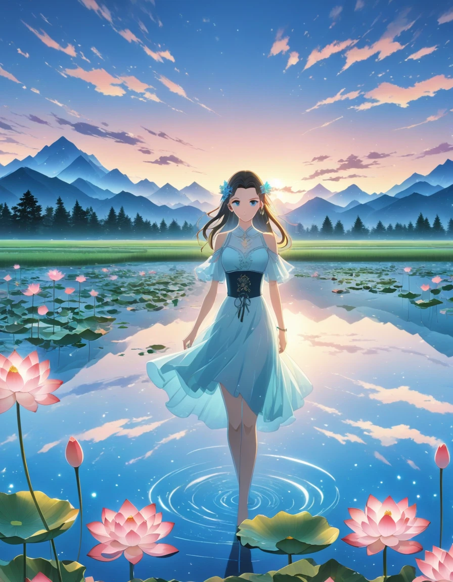 dusk landscape, sunset,pond,anime style, With mountains and clouds as background,lotus,girl