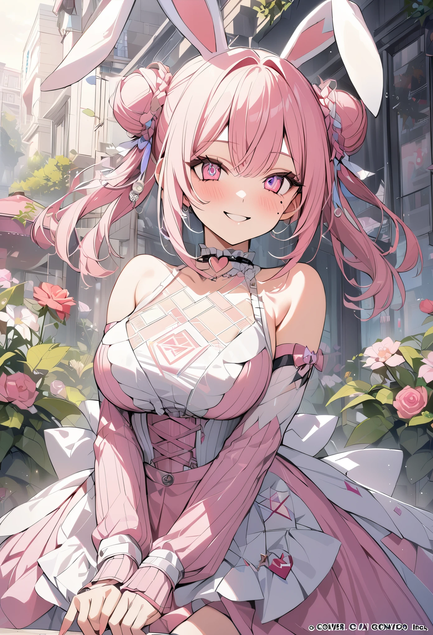 1 girl, pink long bun hair, heart shaped eyes, ♡, big breasts, Wedding dress, {girl with pink long bun hair named Nami}, (Pink eye color), {downtown}, (smile), bright background , mole under eye, heart shaped choker, (masterpiece, highest quality), very detailed, highest quality, official art, beautiful and aesthetic: 1.2), (1 girl), very detailed, (geometry art: 1.3), colorful, most detailed ?d1 girl, pink long bun hair, Eye of the symbol, +__+, big breasts, gothic costume, {A girl with long pink bun hair named Nami}, (Pink eye color), {downtown}, (smile), bright background, (garden,beautiful flower々),mole under eye, heart shaped choker, (masterpiece, highest quality), official art, beautiful and aesthetic: 1.2), (1 girl), very detailed, (geometry art: 1.3), colorful