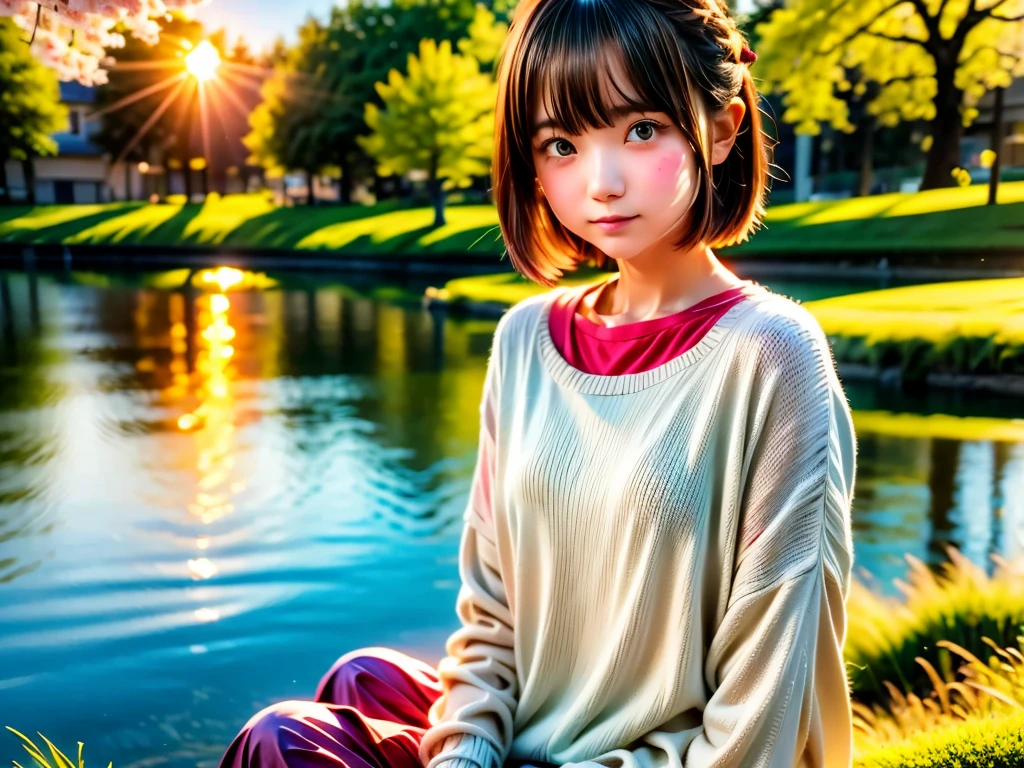 pond at dusk、girl sitting by the pond、Sad look、sunset