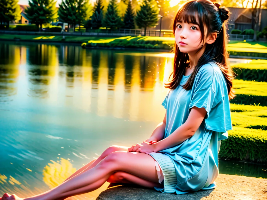 pond at dusk、girl sitting by the pond、Sad look、sunset