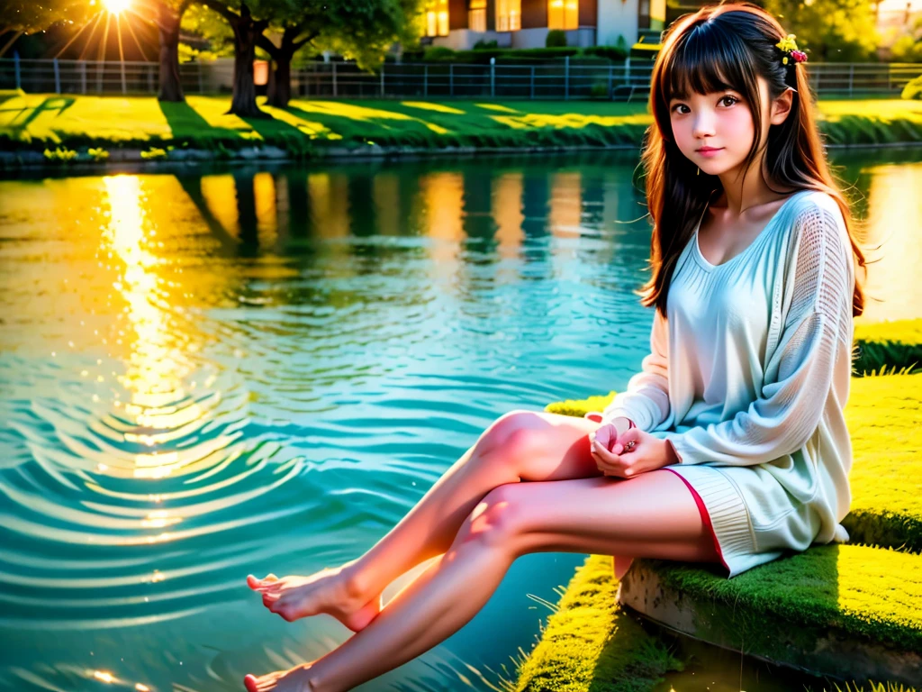 pond at dusk、girl sitting by the pond、Sad look、sunset