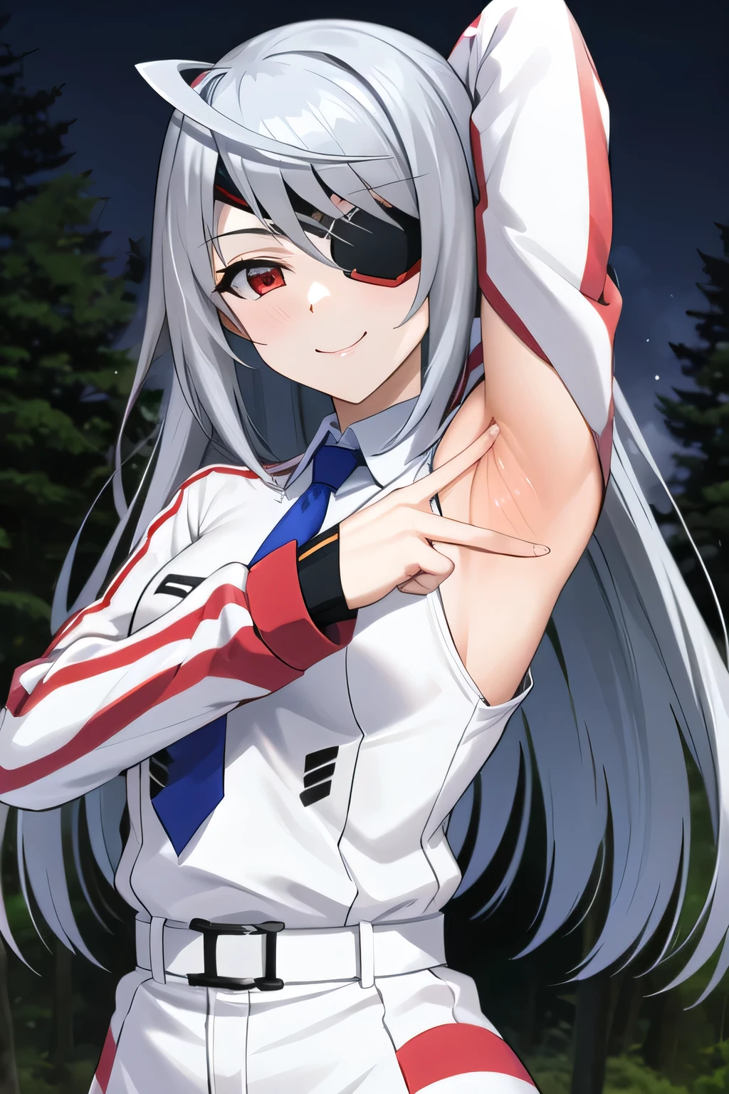 masterpiece, best quality, highres, aalaura, long hair, eyepatch, , necktie, collared shirt, white jacket, belt, white pants, closed mouth, solo, upper body, night sky, forest, arms behind head, contrapposto, spread armpits, smile, high quality,