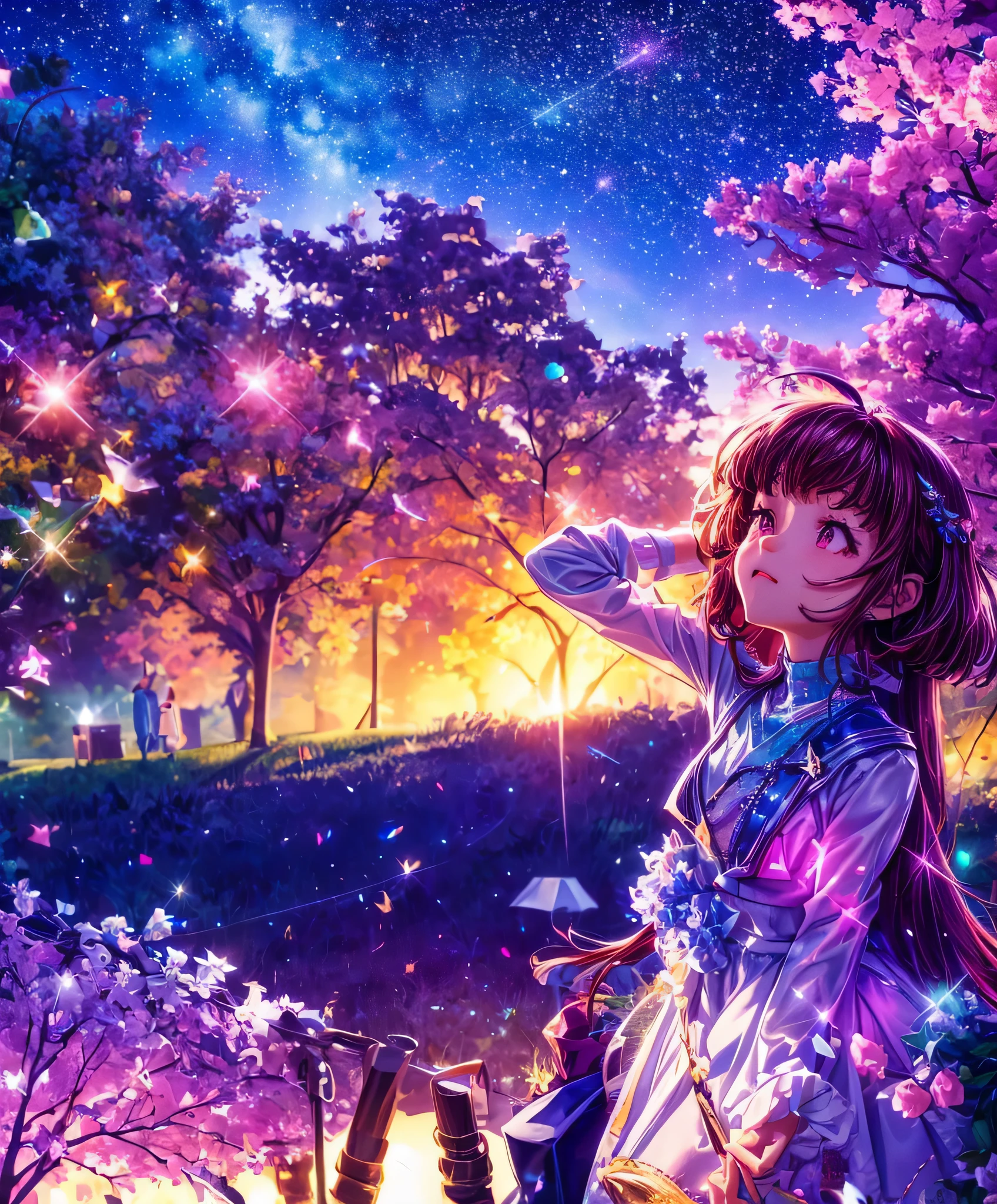 Describe a scene where a cute girl character is lying on a grassy hill, Looking up at the starry sky. Surround her with colorful nebulae and her favorite constellations.