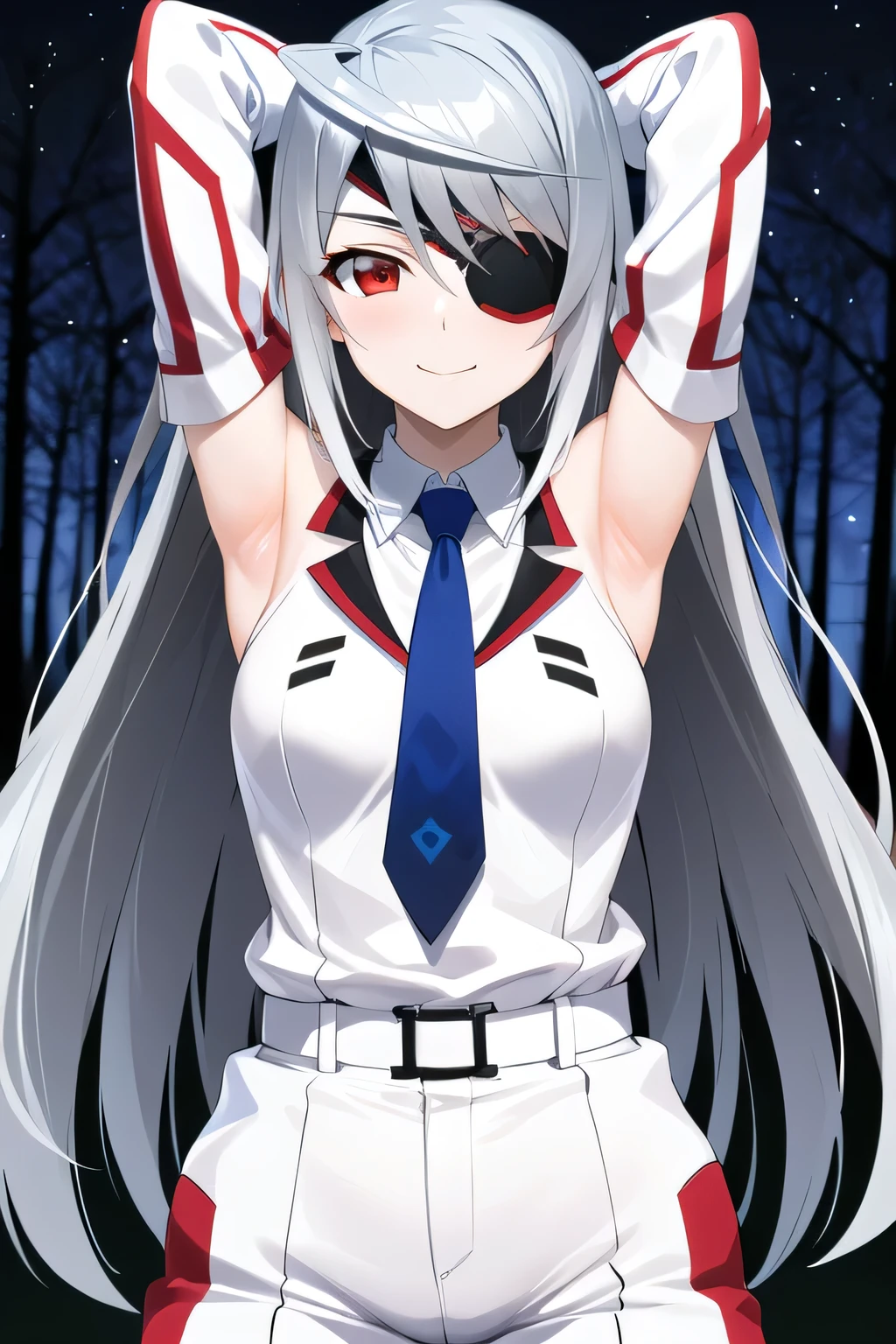 masterpiece, best quality, highres, aalaura, long hair, eyepatch, , necktie, collared shirt, white jacket, belt, white pants, closed mouth, solo, upper body, night sky, forest, arms behind head, contrapposto, spread armpits, smile, high quality,