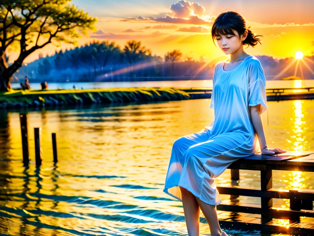 (best quality,4k,8k,highres,masterpiece:1.2),ultra-detailed,realistic,photorealistic:1.37,golden-hour,sunset,golden light,serene atmosphere,painting-like quality,nostalgic feeling,peaceful surroundings,glimmering water,tranquil moment,garden scenery,lonely girl,sitting by the pond,reflecting emotions,sad expression,dreamy landscape,blurred background,hint of sadness,soft sunlight,quiet ambiance,subtle shadows,subdued colors,solitude,vivid reflections,silhouette of trees,calm atmosphere,still water,captivating scene,solitary figure,growing darkness,melancholy,serenity,gentle waves,lush greenery,fading light,mysterious beauty,contemplation,sublime vista,solitary contemplation,warm hues,dusk,serene beauty,rays of sunlight