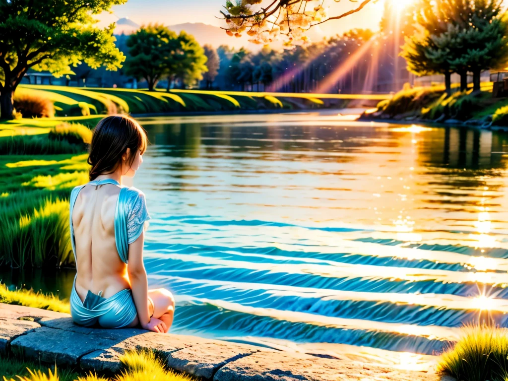 (best quality,4k,8k,highres,masterpiece:1.2),ultra-detailed,realistic,photorealistic:1.37,golden-hour,sunset,golden light,serene atmosphere,painting-like quality,nostalgic feeling,peaceful surroundings,glimmering water,tranquil moment,garden scenery,lonely girl,sitting by the pond,reflecting emotions,sad expression,dreamy landscape,blurred background,hint of sadness,soft sunlight,quiet ambiance,subtle shadows,subdued colors,solitude,vivid reflections,silhouette of trees,calm atmosphere,still water,captivating scene,solitary figure,growing darkness,melancholy,serenity,gentle waves,lush greenery,fading light,mysterious beauty,contemplation,sublime vista,solitary contemplation,warm hues,dusk,serene beauty,rays of sunlight