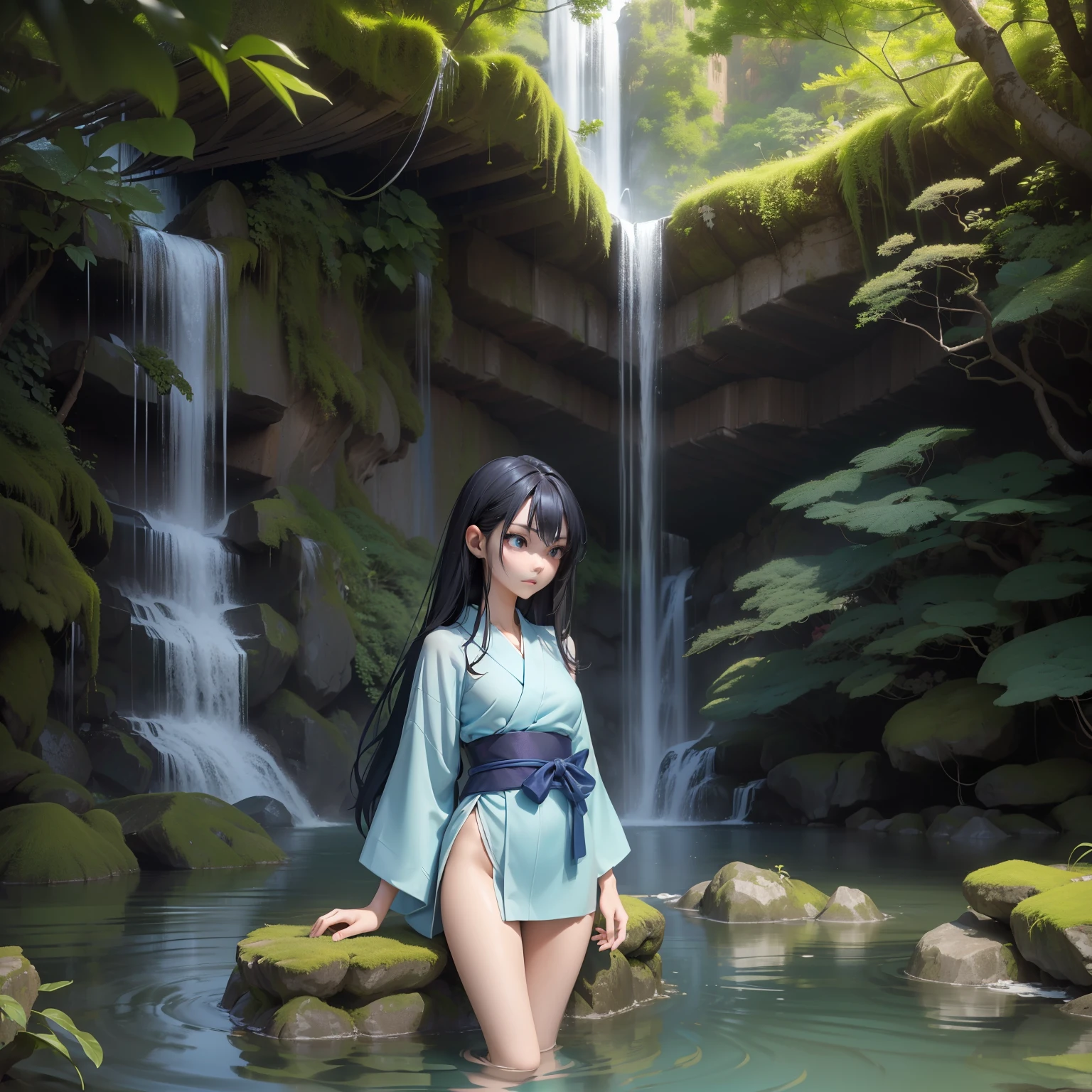 ((extremely thin Japanese ager)), ((lush waterfall)), ((serene surroundings)), ((long dark hair)), ((expressive eyes)), ((wearing a traditional yukata)), (( small breasts: 0.5)), ((slender legs)), ((slender waist)), ((delicate hips)), ((natural scenery)), ((soft shades of green and blue)), ((quiet atmosphere )), ((High definition)).