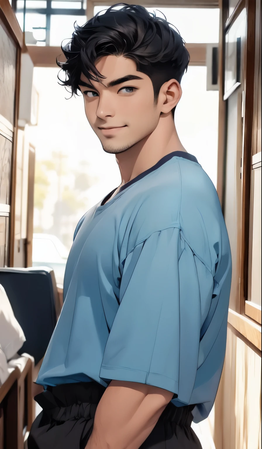1 menino,FUNDO AZUL,absurdos,obra de arte,high resolution,intrinsecamente detalhado,um homem coreano, fofo,muscular,strutting ao ar livre,olhos castanhos,rosto detalhado, cabelo castanho, listening to music and smiling 