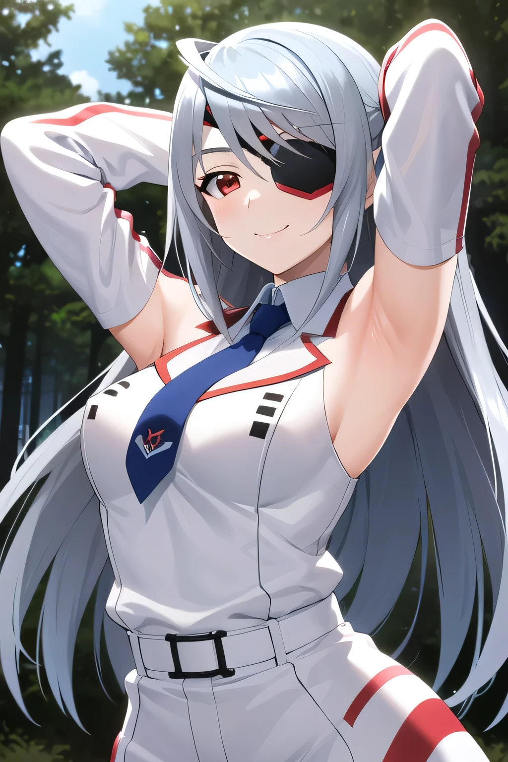 masterpiece, best quality, highres, aalaura, long hair, eyepatch, , necktie, collared shirt, white jacket, belt, white pants, closed mouth, solo, upper body, night sky, forest, arms behind head, contrapposto, spread armpits, smile, high quality,