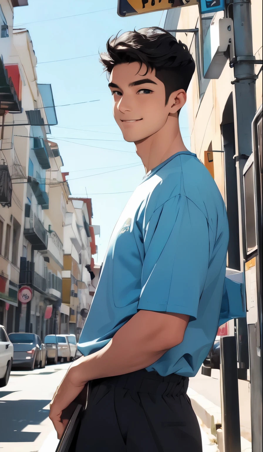 1 ,FUNDO AZUL,absurdos,obra de arte,high resolution,intrinsecamente detalhado,um homem coreano, fofo,muscular,strutting ao ar livre,olhos castanhos,rosto detalhado, cabelo castanho, listening to music and smiling