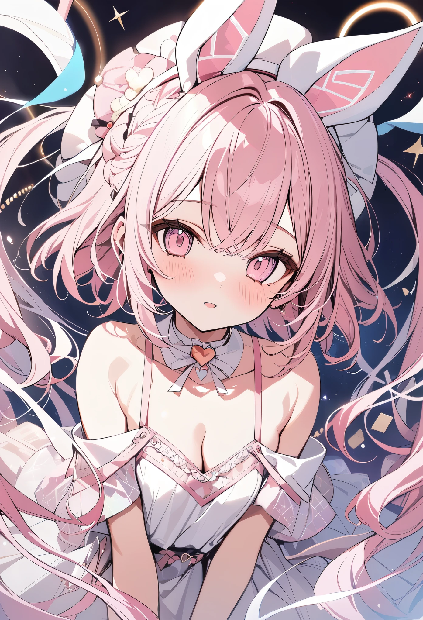 ,beautiful flower々),mole under eye, heart shaped choker, (masterpiece, highest quality), official art, beautiful and aesthetic: 1.2), (1 girl), very detailed, (geometry art: 1.3), colorful、Pink bob hair、rabbit ears、Idol