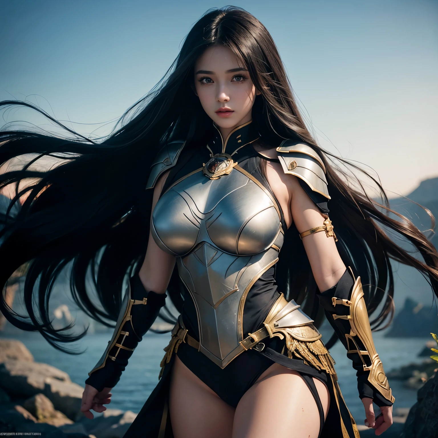 1girl, depth of field, official art, unity 8k wallpaper, ultra detailed, illustration, beautiful and aesthetic, masterpiece, best quality, knight, (big breasts), (milf, mature female), (black armor, armor, breastplate), beautiful face, (long hair, black hair, very straight hair:1.4, hime cut:1.4), blue eyes, cowboy shot, glowing skin, back lighting, athletic figure, muscular female, curvy, wide hips, colorful, looking at viewer, Hyperrealistic, gradient background, dark background, outline, fantasy, from the front, watercolor, traditional media, (chromatic aberration, intricate details)