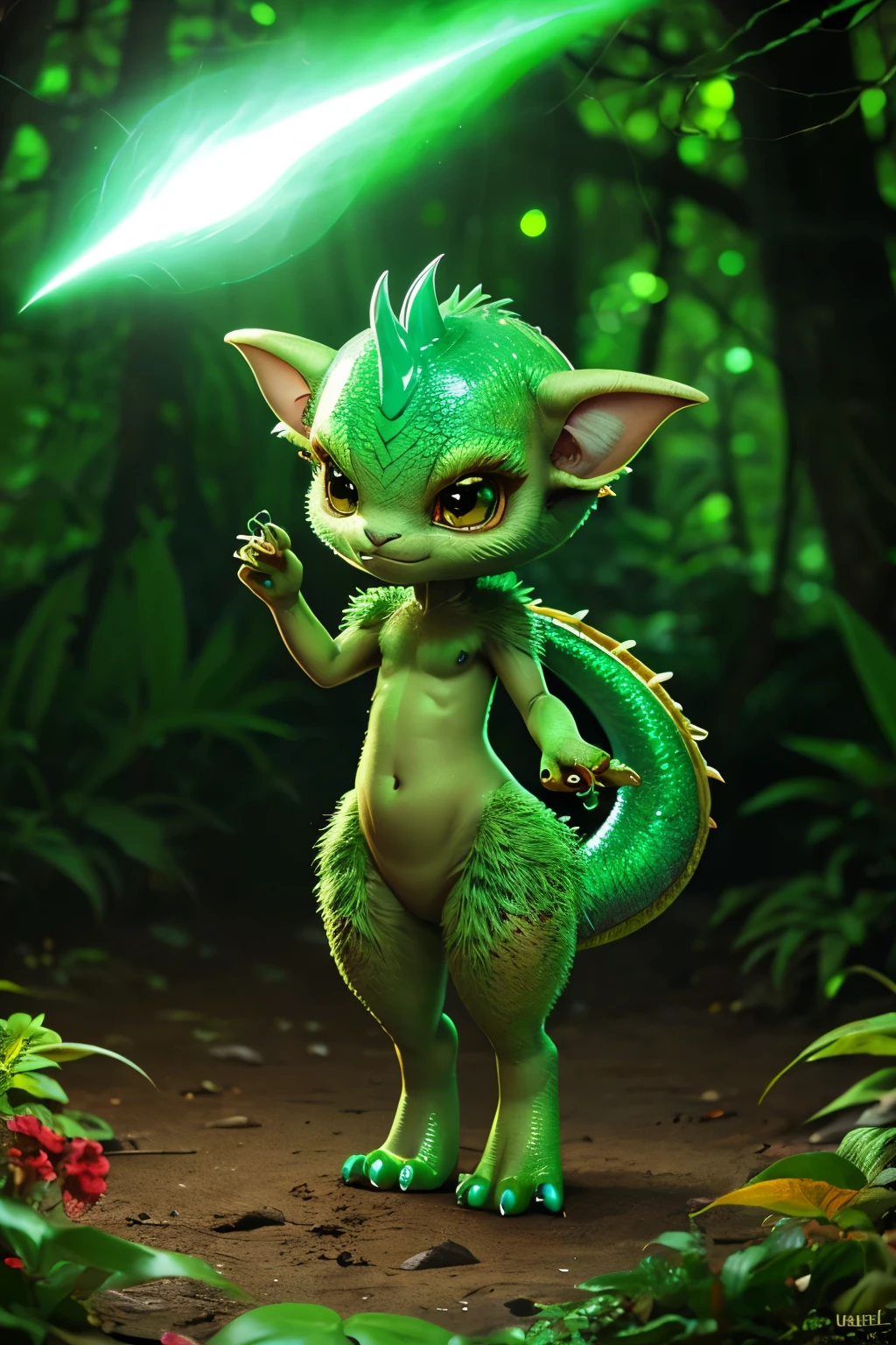 full body picture of a realistic and detailed of a glossy, luminiscent cute EMERALD that resembles a dragon creature in a forest
