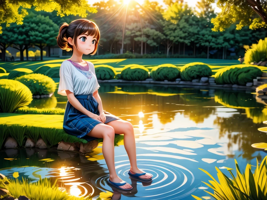 pond at dusk、girl sitting by the pond、Sad look、sunset