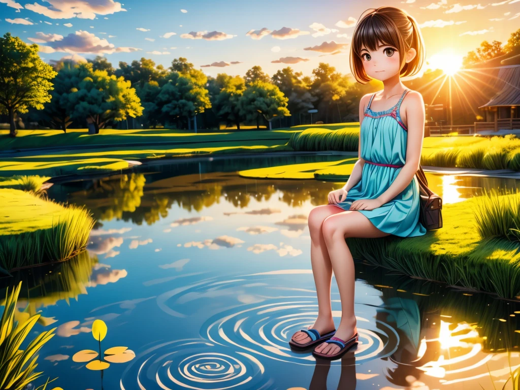 pond at dusk、girl sitting by the pond、Sad look、sunset