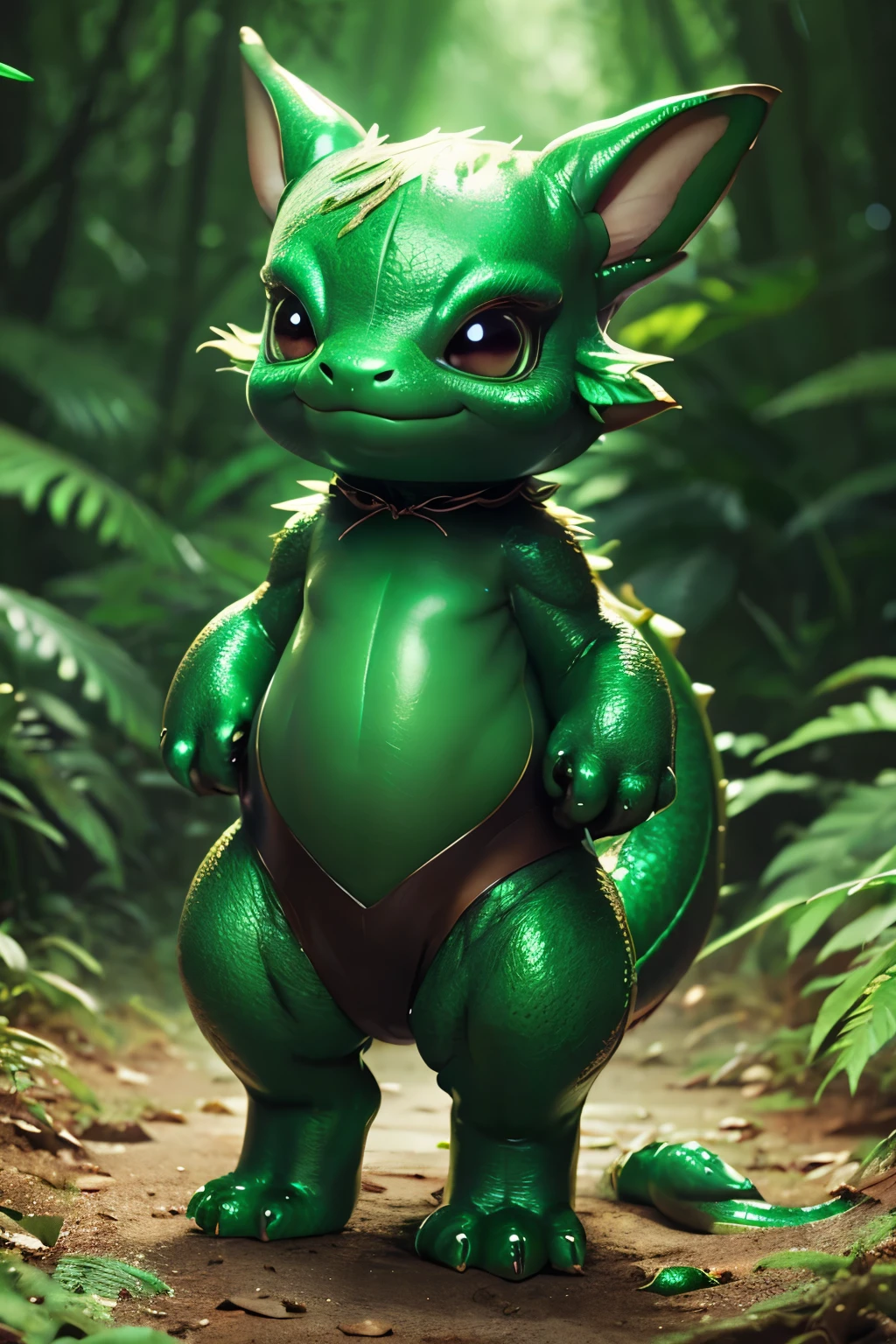 full body picture of a realistic and detailed of a glossy, luminiscent cute EMERALD that resembles a dragon creature in a forest
