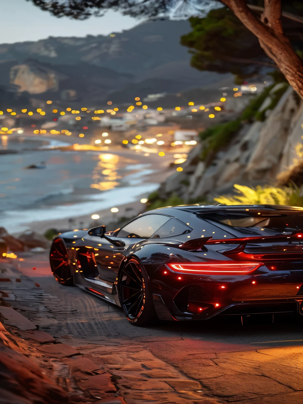 Close-up of cars parked on road near beach, amazing wallpapers, Cinematic light and reflections, Charming glowing lamp, movie 4k wallpaper, movie 4k wallpaper, perfect movie lighting, nice lighting, 8K highly detailed ❤🔥 🔥 💀 🤖 🚀, luxury lifestyle, beautiful glowing lights, beautiful movie lighting, Glowing lights at night, beautiful wallpaper