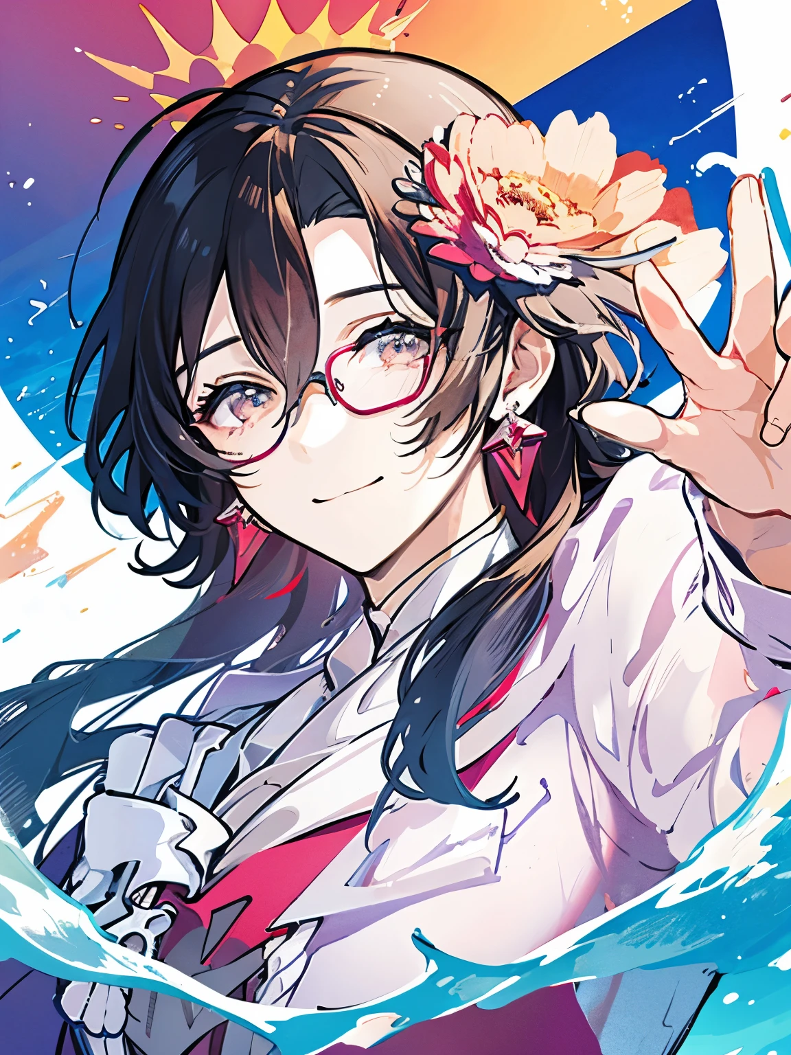 sensational face、magic effect、pink and orange pastel colors、red earrings、Glasses、wizard、detailed、muste piece、in water、Ripples on the surface of the water、soft air、