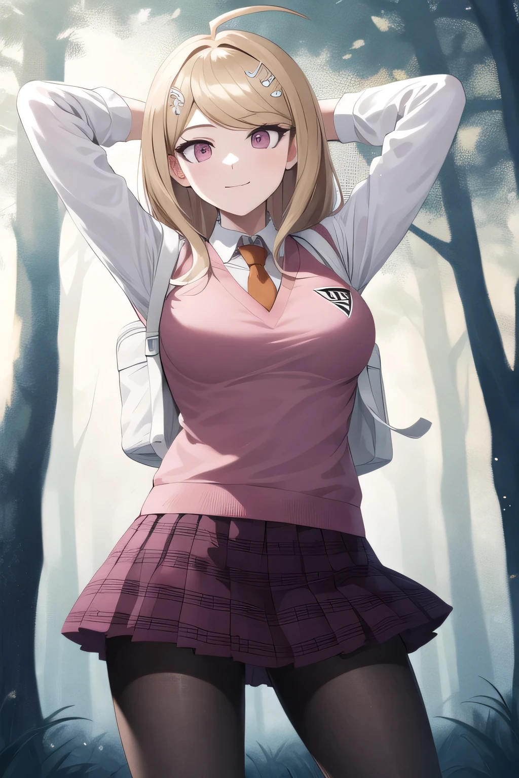 masterpiece, best quality, highres, aakaede, long hair, ahoge, hair ornament, breasts, , necktie, pink vest, sweater vest, collared shirt, long sleeves, backpack, pleated skirt, purple skirt, print skirt, pantyhose, closed mouth, solo, upper body, night sky, forest, arms behind head, contrapposto, spread armpits, smile, high quality, in the center, high quality,