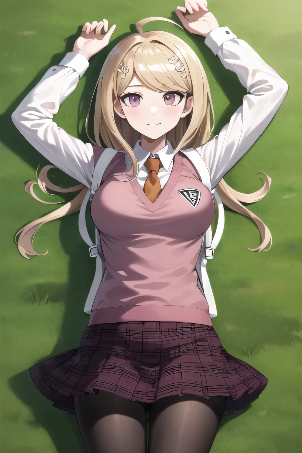 masterpiece, best quality, highres, aakaede, long hair, ahoge, hair ornament, breasts, , necktie, pink vest, sweater vest, collared shirt, long sleeves, backpack, pleated skirt, purple skirt, print skirt, pantyhose, closed mouth, solo, spread arms, arms up, smile, lying, on back, on grass, looking at viewer, solo, in the center, (cowboy shot: 1.3), high quality,